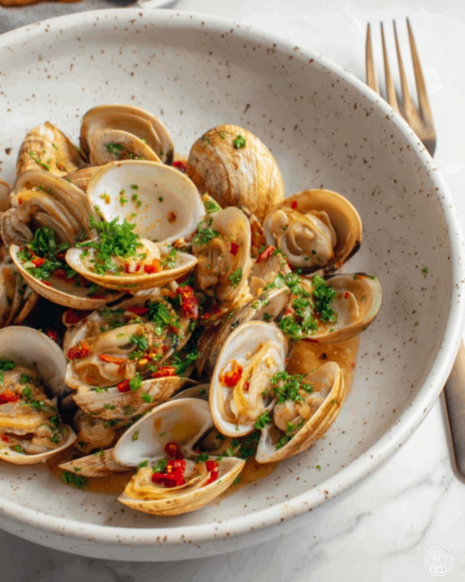 The image shows a bowl filled with cooked clams in their shells, arranged in two visible layers. The top layer consists of open clams with a light cream color and a smooth texture, sprinkled with small green parsley leaves and bits of red chili. The second layer beneath is partially visible, showing more clams with a slight glossy shine from the sauce. The bowl is white with a speckled pattern, and it sits on a white marbled surface. A woman's hand holding a fork is seen lightly touching the bowl from the side. Photo taken with an iphone --ar 4:5 --v 7