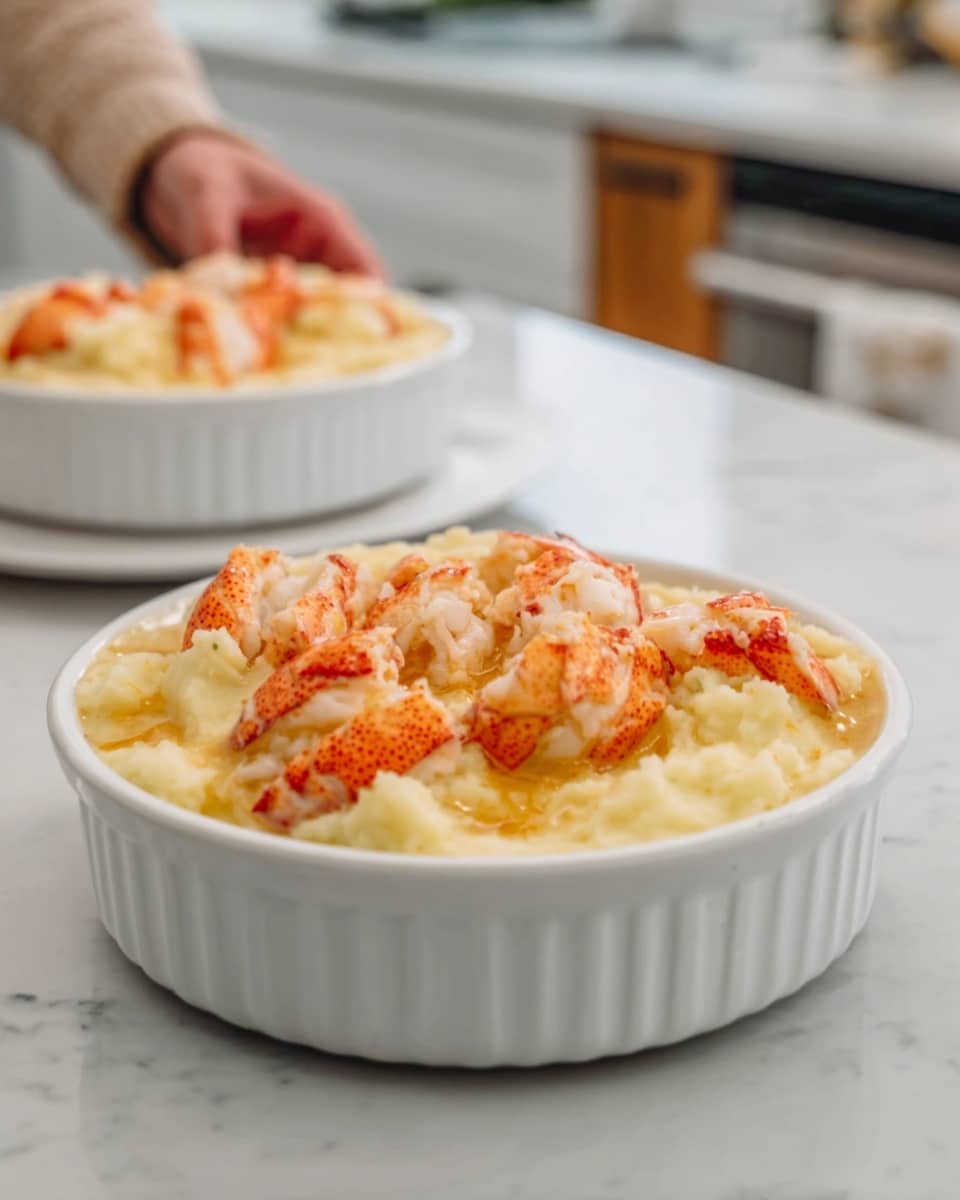 The image shows a small white ceramic dish filled with a creamy yellowish mixture topped with chunks of red and white lobster meat evenly spread over the top layer. The dish is placed on a white marbled surface, giving a clean and bright background. In the background, there is another white dish filled with more lobster chunks, slightly out of focus. A woman's hand is holding the edge of the dish in the foreground. The overall look is fresh and inviting with soft natural lighting. photo taken with an iphone --ar 4:5 --v 7