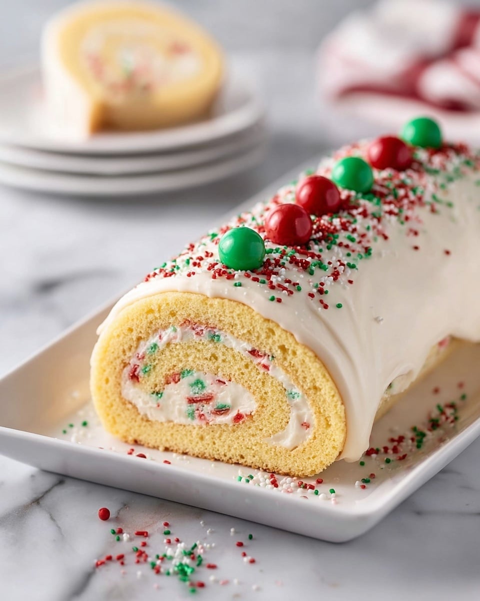 A festive cake roll sits on a white rectangular plate placed on a white marbled surface. The roll has a soft yellow sponge cake layer that wraps around a creamy white filling with red and green sprinkles mixed in. The outside is coated with smooth white icing, decorated on top with a line of small red and green sugar balls and colorful sprinkles in red, green, and white, some of which have fallen onto the plate. In the blurred background, a slice of the roll is visible on stacked white plates. photo taken with an iphone --ar 4:5 --v 7