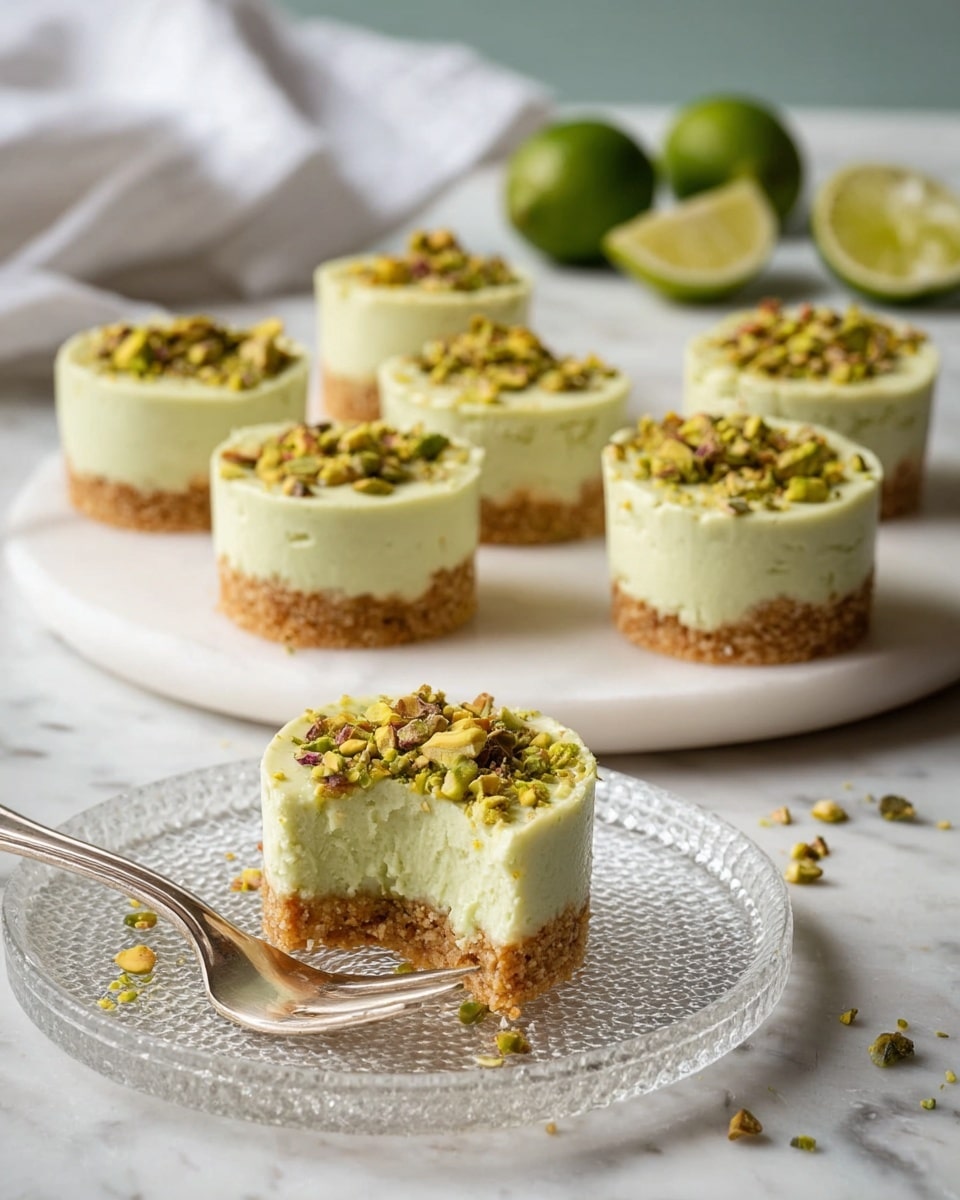 The image shows a small round cheesecake with two distinct layers placed on a clear textured glass plate. The bottom layer is crumbly and brown, resembling a cookie or graham cracker crust. The top layer is smooth, creamy, and white, making up most of the cake. The top surface is sprinkled with green chopped pistachio nuts that add texture and color contrast. A silver fork is placed on the right side of the plate. In the blurred background, several similar cheesecakes are arranged on a white plate. The entire scene sits on a white marbled texture with a white cloth partially visible on the right. Photo taken with an iphone --ar 4:5 --v 7