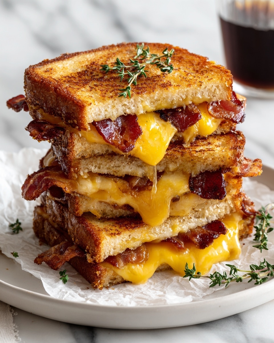 The image shows a stack of three grilled cheese sandwiches on a white round plate with parchment paper underneath. Each sandwich has two thick slices of golden-brown toasted bread with a crispy texture. Inside, there is melted yellow cheese oozing out, and strips of crispy bacon with a reddish-brown color are visible between the layers. Fresh green thyme sprigs are scattered on top and around the sandwiches for garnish. The plate sits on a white marbled surface, and part of a glass with a dark liquid is visible in the upper right corner of the image. Photo taken with an iphone --ar 4:5 --v 7
