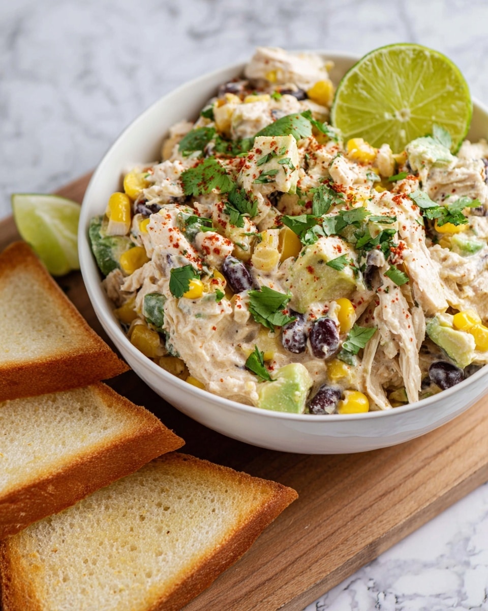 A white bowl filled with a creamy chicken salad featuring shredded white chicken pieces mixed with yellow corn kernels, dark black beans, and small green avocado chunks. The salad is topped with fresh chopped green cilantro and a light dusting of red paprika. A bright green lime wedge rests on the side inside the bowl. The bowl sits on a wooden board with three triangular slices of toasted white bread leaning against the bowl. The background shows a white marbled texture. photo taken with an iphone --ar 4:5 --v 7