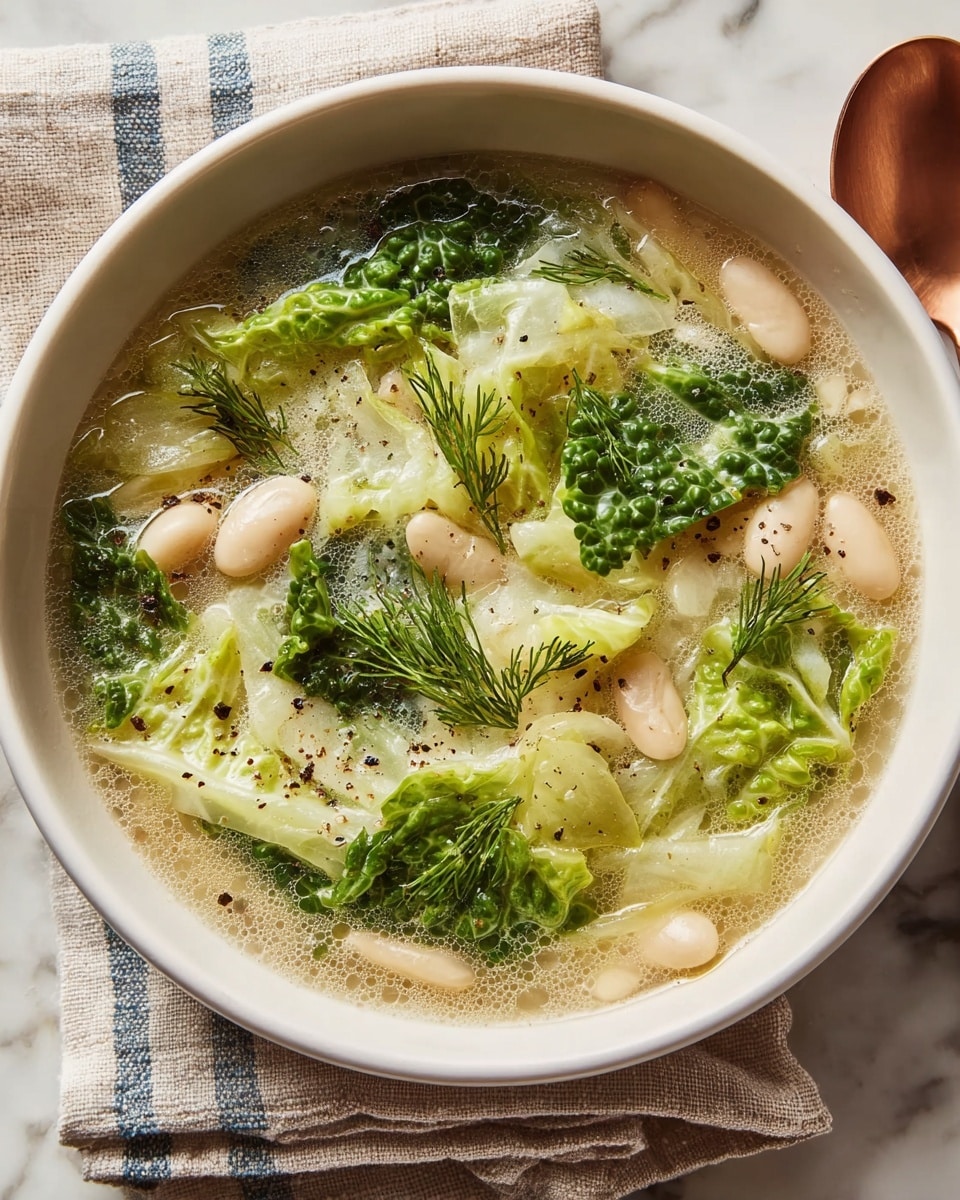 A white bowl filled with a light broth soup containing several layers of bright green leafy cabbage pieces scattered throughout, mixed with light beige white beans. Small sprigs of fresh green dill are placed on top, and the broth has a slightly foamy texture with black pepper flakes sprinkled over it. The bowl rests on a cloth with soft beige and blue stripes and is placed on a white marbled surface, next to a copper spoon. photo taken with an iphone --ar 4:5 --v 7