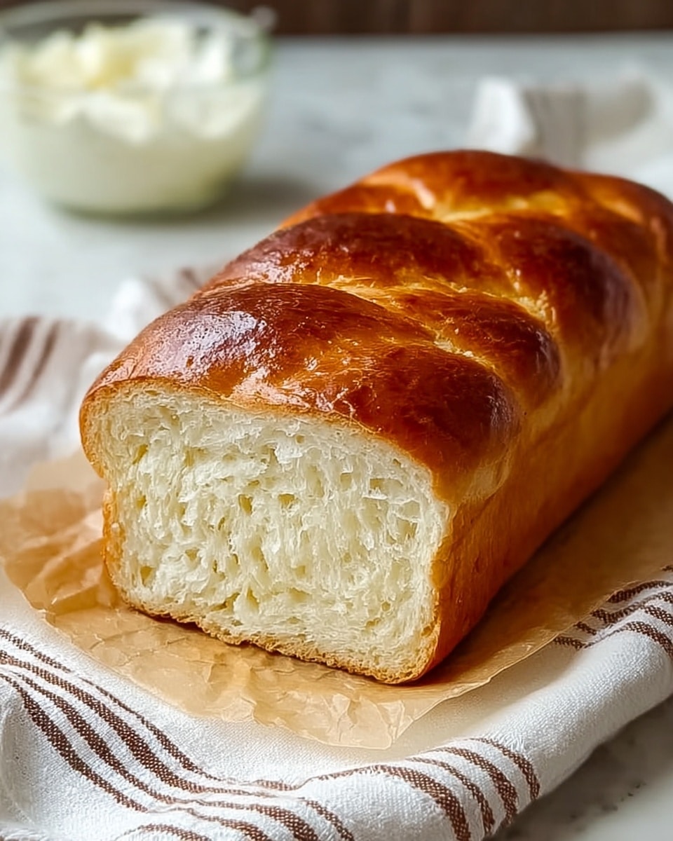 A freshly baked loaf of bread with a golden brown, slightly shiny crust rests on a rustic wooden board placed on a white marbled surface covered partly by a white lace cloth. The loaf is rectangular with a textured top showing subtle cracks. One thick slice has been cut from the front, revealing a soft, light cream-colored interior with a fluffy, airy texture. A knife with a wooden handle lies next to the board, and in the background, a blurred ceramic jar with a bouquet of white and yellow flowers adds a homey touch. photo taken with an iphone --ar 4:5 --v 7