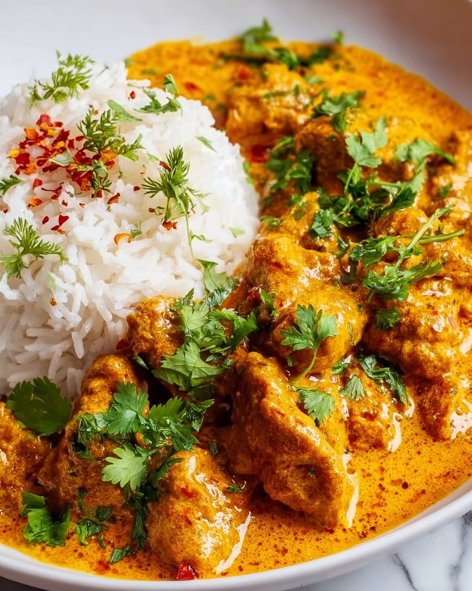 The image shows a close-up of a white plate with two main layers. On one side, there is a mound of fluffy white rice topped with small sprigs of green herbs and a light sprinkle of red chili flakes. Next to the rice, there is a thick layer of creamy orange curry with chunks of tender meat coated in smooth sauce. The curry is garnished with fresh green cilantro leaves spread evenly over the surface. The plate sits on a white marbled surface. Photo taken with an iphone --ar 4:5 --v 7