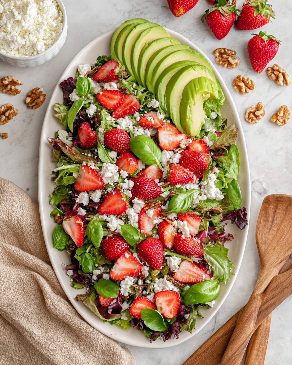 A white oval plate holds a colorful layered salad placed on a white marbled surface. The bottom layer is mixed green leafy vegetables with different shades of green and purple. On top, there are bright red strawberry halves scattered evenly. Crumbled white cheese is sprinkled throughout the salad, adding texture. Two halves of a green avocado with sliced lines are placed on one side of the plate, garnished with a few fresh green basil leaves on top. Around the plate, there are whole walnuts and strawberries, with a small white bowl of crumbly cheese and wooden salad utensils close by. A beige cloth is partially visible at the bottom edge of the frame. Photo taken with an iphone --ar 4:5 --v 7