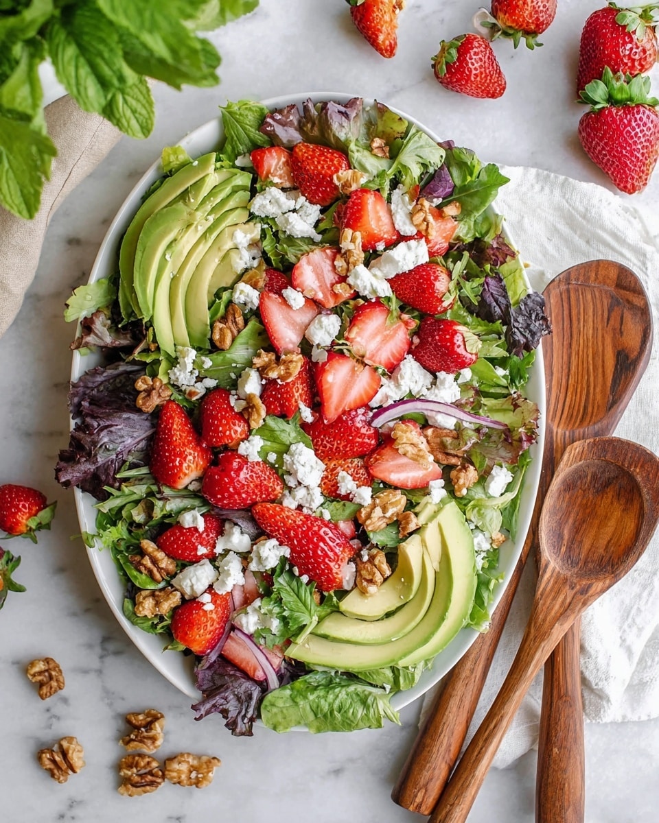 The image shows a fresh salad on a white plate placed on a white marbled surface. The bottom layer is made of mixed green leaves with varied shades of green and purple, giving a leafy texture. On top of this, there are sliced red strawberries scattered all over, adding bright red color and juicy texture. Two neatly sliced avocado halves with a smooth green texture sit on the left and right sides of the plate. White crumbly cheese pieces are sprinkled evenly across the salad, creating a soft contrast against the greens and reds. Small tan-colored walnut pieces are also spread throughout, adding a rough, crunchy look. Thin slices of cucumber and red onion are visible under the strawberries and cheese, adding hints of pale green and purple. Two wooden salad spoons with rich brown and light wood grain textures rest on the right side of the plate, with one partly under the salad. A green plant is at the top left corner, and scattered strawberries and walnut pieces surround the plate. photo taken with an iphone --ar 4:5 --v 7