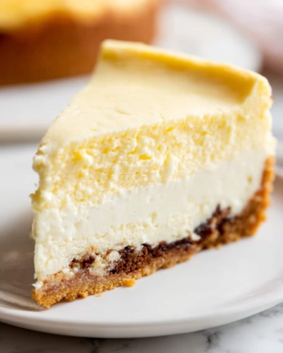 A single slice of cheesecake sits on a white plate with a shiny silver fork beside it. The cheesecake has three visible layers: a thick, smooth, pale yellow top layer, a creamy off-white middle layer with a soft texture, and a thin, crumbly brown crust at the bottom with some darker spots embedded, possibly raisins or chocolate bits. The slice is positioned near the center of the plate with some cheesecake crumbs scattered around its base. The background has a soft focus with a white marbled surface underneath. Photo taken with an iphone --ar 4:5 --v 7