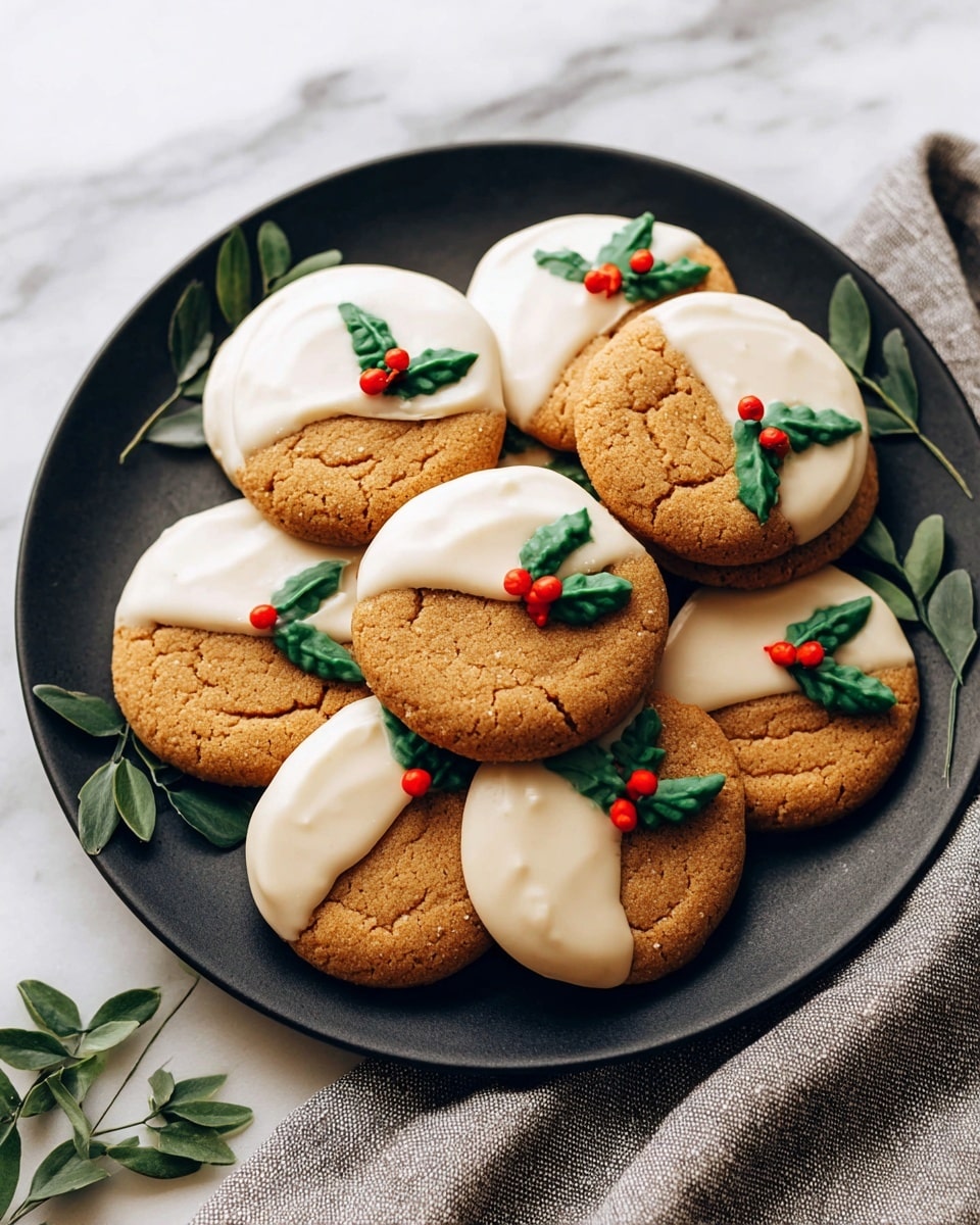 The image shows several round cookies with a cracked texture on a white marbled surface. Each cookie is half-dipped in smooth white icing, covering one side with a glossy finish. On the white icing, there is a small decoration made of red and green icing shaped like three red berries with two green leaves, positioned near the edge of the dipped side. The cookies are placed closely together, some overlapping slightly. Photo taken with an iphone --ar 4:5 --v 7