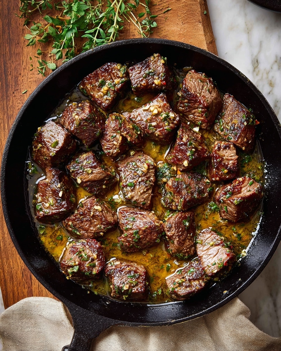 A black cast iron pan filled with about 16 pieces of browned, juicy steak bites in a shallow pool of golden, oily sauce mixed with finely chopped green herbs and small bits of garlic. The steak pieces show a crispy, dark caramelized crust with some soft, tender inner areas visible, arranged close together covering most of the pan’s surface. The pan rests on a wooden board with scattered fresh green herb sprigs around it and a light beige cloth partially under the pan. The background features a white marbled texture. photo taken with an iphone --ar 4:5 --v 7