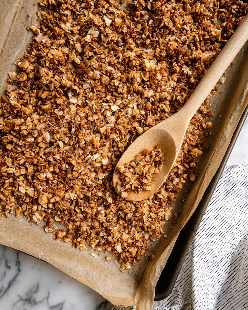 A close-up view of a baking tray lined with light brown parchment paper, filled with a layer of golden brown crushed nuts and granola pieces, mixed with small bits of oats and toasted coconut flakes, stirred with a light wooden spoon positioned near the center of the tray. The granola shows a mix of rough and fine textures, giving a crunchy appearance. The baking tray rests on a white marbled surface with a folded, striped cloth partially visible at the bottom right corner. Photo taken with an iphone --ar 4:5 --v 7