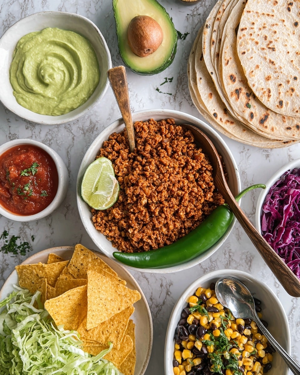 The image shows a white bowl with a crumbly, brown textured mixture filling most of it, topped with half a green lime and a whole green chili pepper resting on the right edge, with a wooden spoon partially inside the bowl. Around it, there is a white bowl with smooth, light green creamy sauce on the upper left, half an avocado with visible seed on the top center, a stack of light brown flatbreads with darker toasted spots on the upper right, a small bowl of chopped bright purple cabbage beside the flatbreads, and a white bowl with a colorful mix of black beans, yellow corn, and sprinkled green herbs on the lower right. At the bottom left, there is a white bowl filled with triangular yellow tortilla chips and next to it a small bowl of chunky red salsa with a silver spoon, while a white plate with shredded green lettuce is placed in the bottom center. All items are placed on a surface with a white marbled texture. photo taken with an iphone --ar 4:5 --v 7