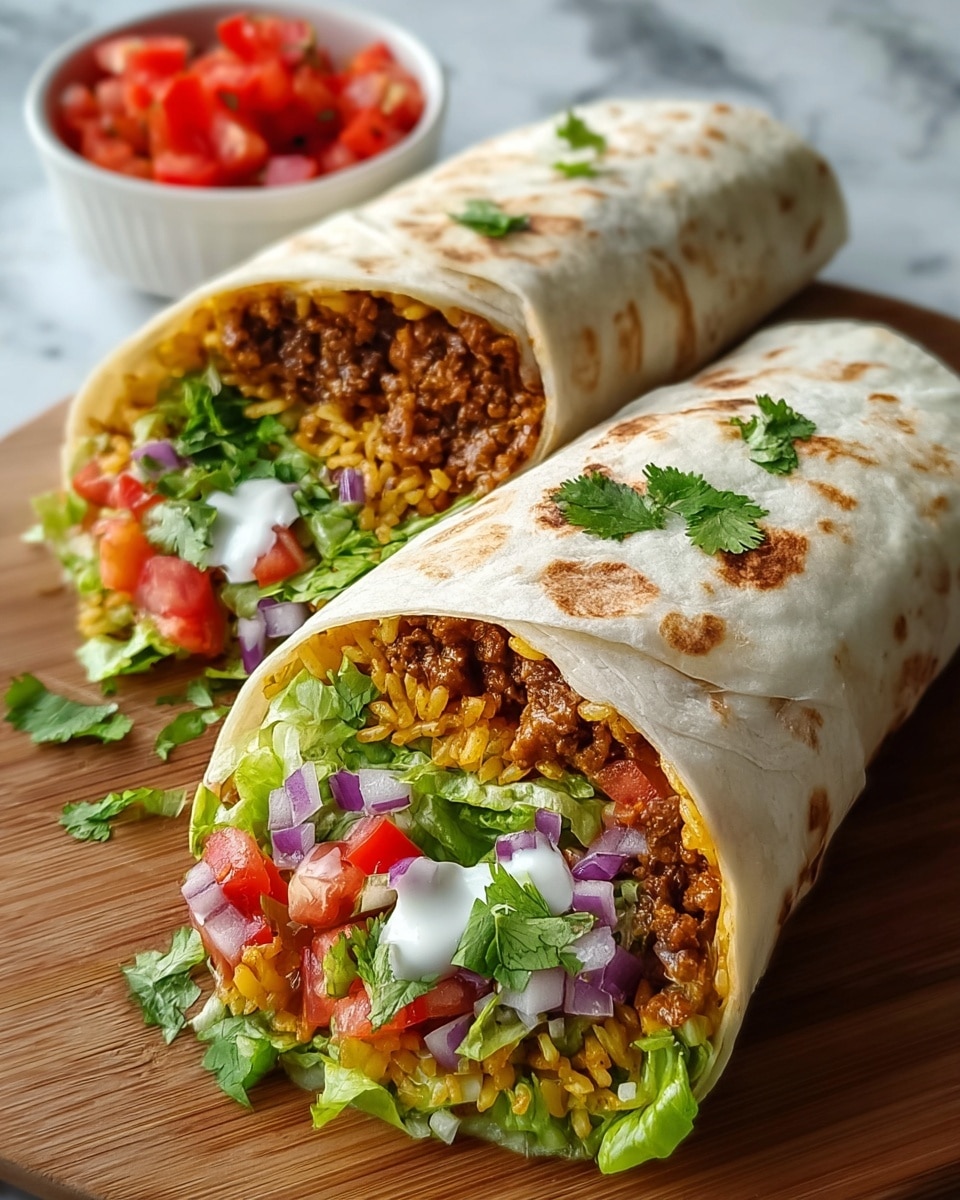 Two large burritos sit open on a white marbled surface, each wrapped in a soft, light beige tortilla with slight brown toasted spots. Inside, the bottom layer is bright green lettuce, topped with a mix of golden yellow rice and browned ground meat. Above that are finely chopped red tomatoes and purple onions, sprinkled with fresh bright green cilantro leaves. A few white creamy dollops of sauce are visible near the tomato and cilantro. In the background, a small white bowl filled with diced red tomatoes adds a splash of color. Photo taken with an iphone --ar 4:5 --v 7