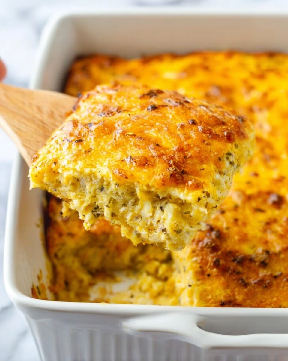 A close-up of a white rectangular baking dish filled with a golden yellow baked casserole that has a crispy melted cheese top layer, showing different shades of yellow and light brown with a slightly rough texture. A wooden spatula held by a woman's hand lifts a square serving from the dish, revealing a thick, creamy, and slightly chunky middle layer with bits of seasoning and small black pepper flecks visible. The casserole’s edges are browned, and the inside looks soft and moist with a mix of cheese and other ingredients. The dish is placed on a white marbled surface. photo taken with an iphone --ar 4:5 --v 7