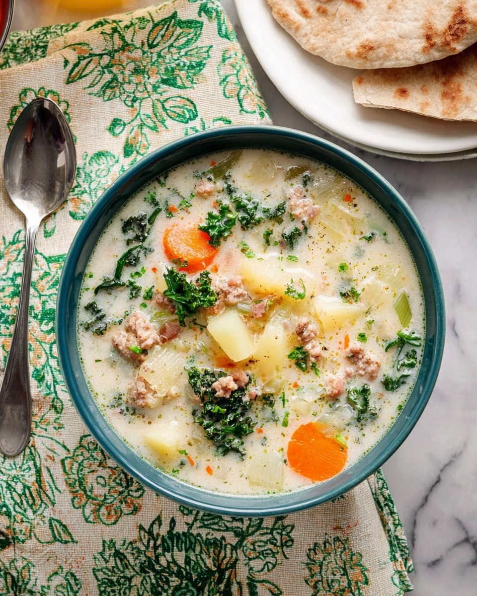 A white bowl filled with creamy soup showing a mix of visible layers: soft orange carrot slices, small chunks of light yellow potatoes, green leafy kale, and small bits of pale cooked ground meat spread throughout the white creamy broth. The bowl rests on a patterned cloth napkin with green and cream floral designs, set on a white marbled surface. To the left of the bowl is a silver spoon, and in the upper right corner, there is a white plate holding pieces of light brown flatbread. photo taken with an iphone --ar 4:5 --v 7