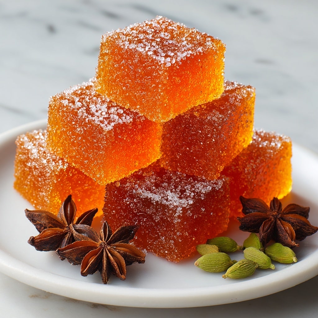 A white plate holds a neat pile of soft, square-shaped jelly sweets covered in granulated sugar. Each jelly piece is a rich amber color with a slightly translucent, smooth texture. Around the base of the pile, there are a few whole star anise pods and green cardamom seeds, adding contrast with their natural shapes and earthy tones. The background shows a white marbled surface, giving a clean, bright look. photo taken with an iphone --ar 4:5 --v 7