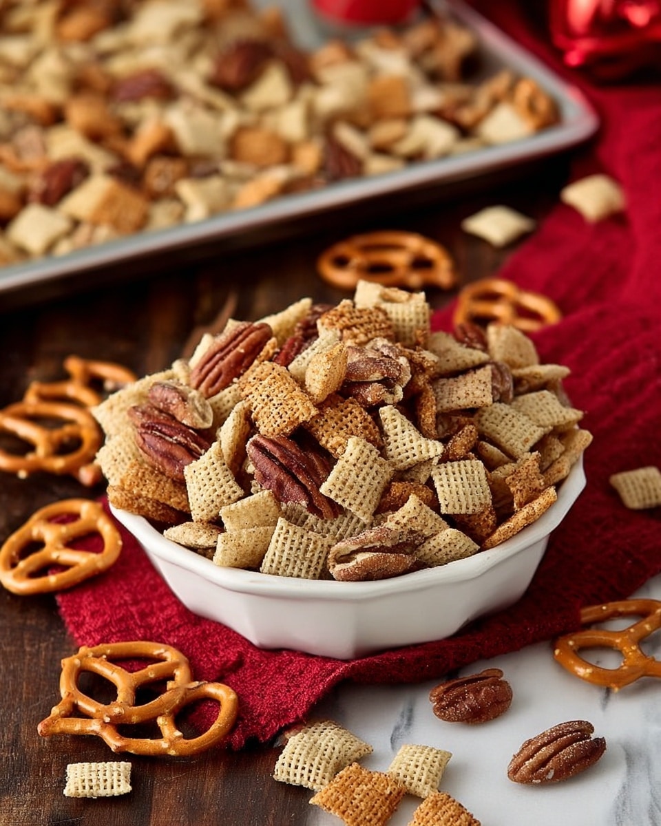 The image shows a white bowl filled with a snack mix consisting of light brown square cereal pieces with a textured, ridged surface, whole pecans with rough dark brown shells, and small, shiny pretzels in a light reddish-brown color. The bowl is placed on a dark wooden table with some snack mix pieces scattered around it. In the background, there is a metal tray also containing the snack mix, and a red cloth is partially visible underneath the tray, adding a warm, cozy feel. The setting is on a white marbled surface. Photo taken with an iphone --ar 4:5 --v 7