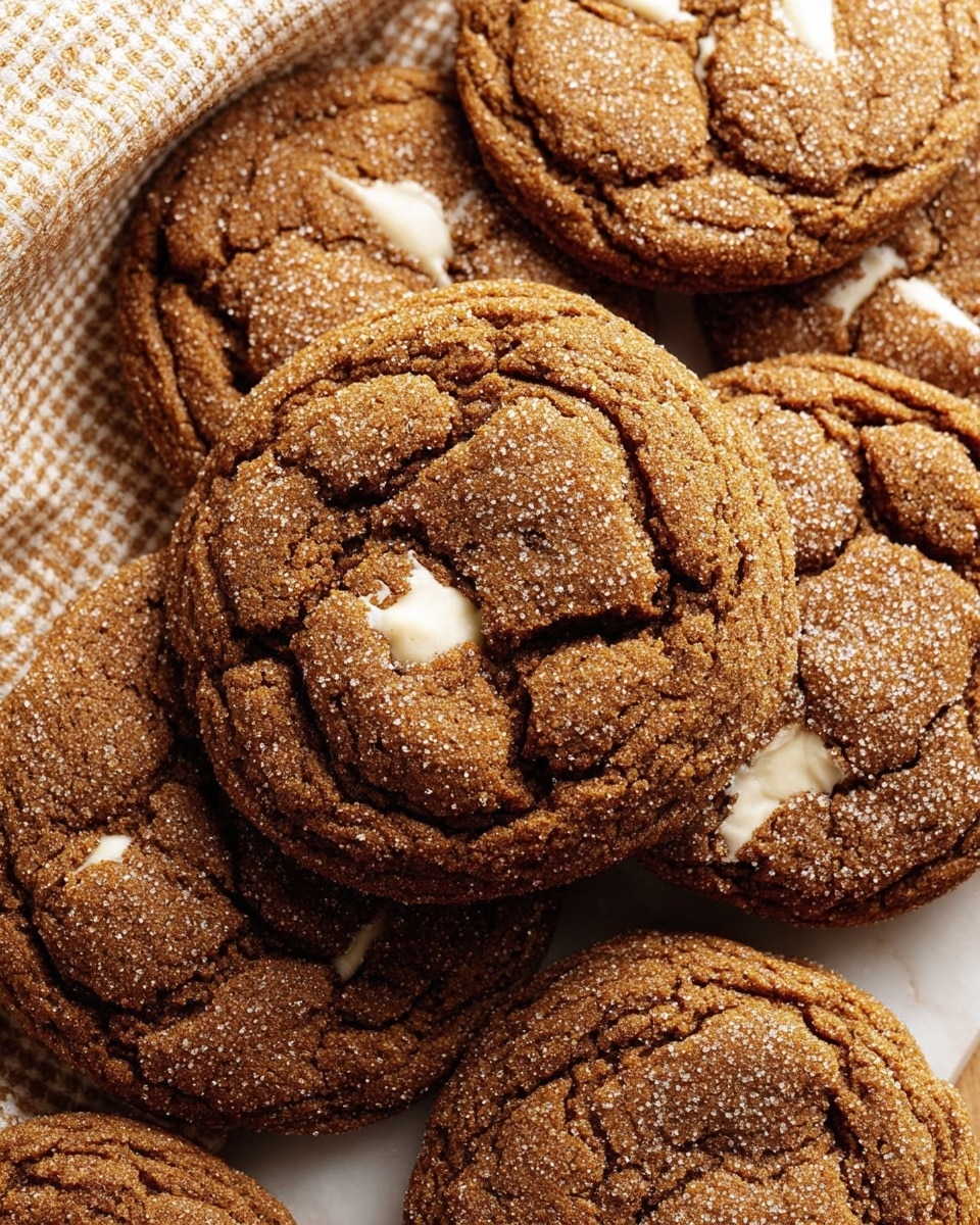 A close-up view of seven soft ginger molasses cookies piled together on a white marbled surface with a checkered beige cloth underneath. Each cookie is round with a cracked texture and a rich brown color, highlighted by a light dusting of sugar crystals that shimmer slightly. Some cookies have swirls of creamy white chocolate embedded within, creating contrast against the dark dough. The cookies appear chewy and slightly thick, with soft edges and a warm, inviting look. photo taken with an iphone --ar 4:5 --v 7