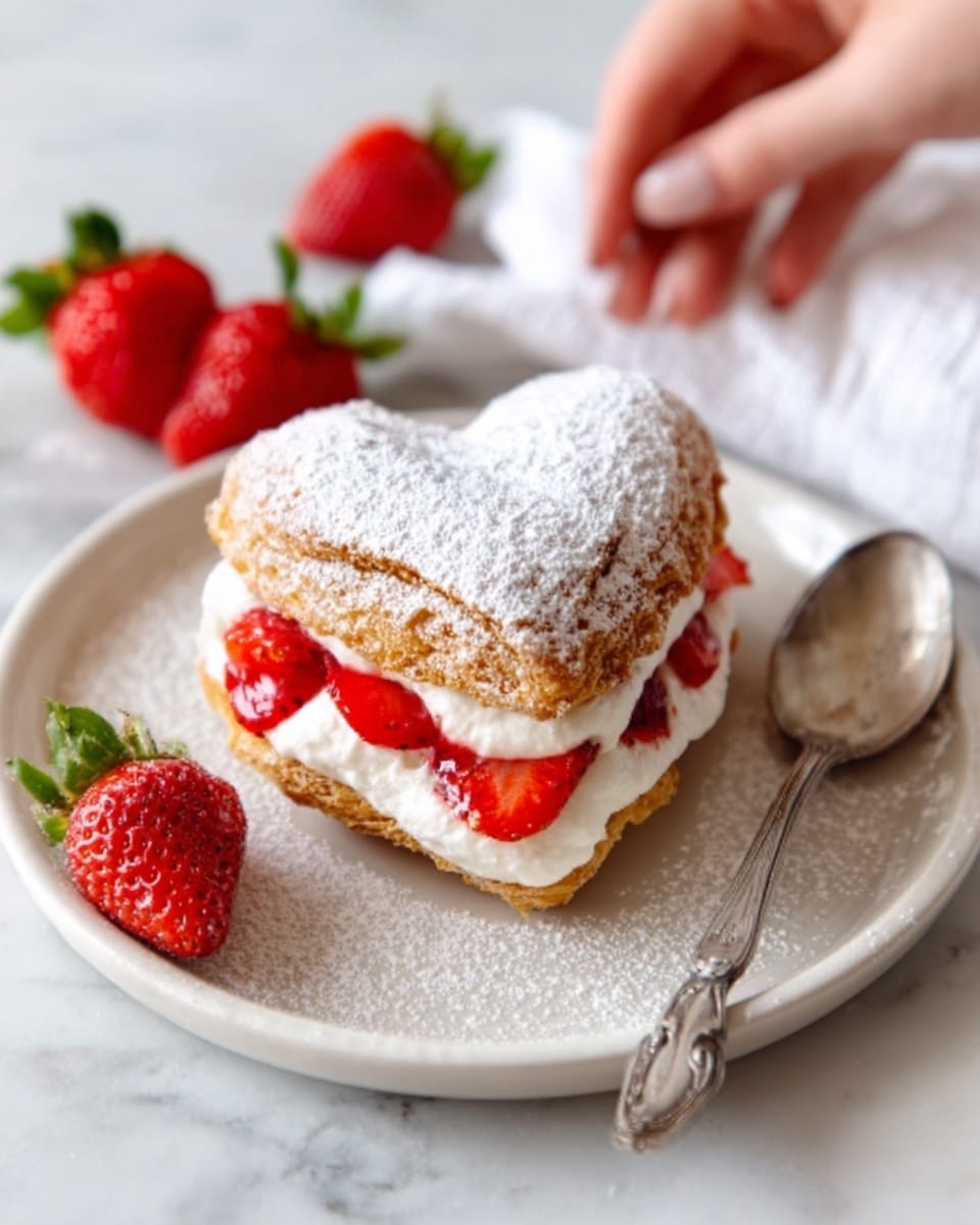 The image shows a layered dessert with three layers of light golden pastry. The bottom layer supports a thick white cream topped with fresh red raspberries. The middle pastry layer sits on top, covered again with white cream and more raspberries. The top layer is a heart-shaped pastry dusted with white powdered sugar and drizzled with dark chocolate sauce. The dessert is placed on a white plate with a textured edge, sitting on a white marbled surface. In the background, two more similar desserts are slightly blurred. Photo taken with an iphone --ar 4:5 --v 7