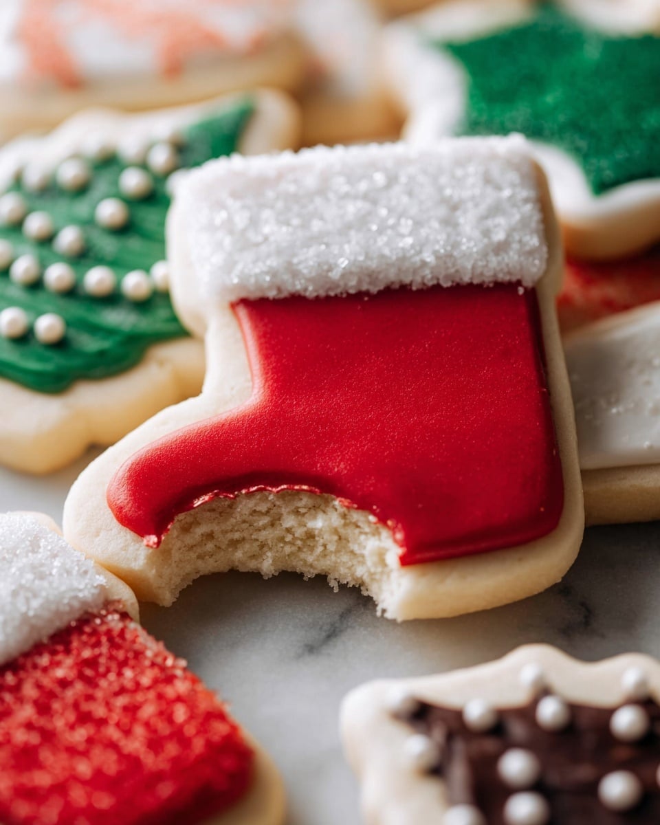 The image shows a collection of colorful Christmas cookies on a white marbled surface. There are different shapes including snowflakes with white icing and intricate details, a green and white striped round cookie, a red candy cane-shaped cookie with white stripes, a gingerbread man with white icing buttons and smile, and several tree-shaped cookies decorated with green, white, and red icing. The cookies have a soft, slightly textured surface with smooth icing that highlights their festive shapes. photo taken with an iphone --ar 4:5 --v 7