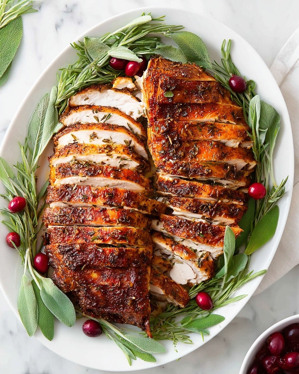 A white serving platter holds neatly sliced roast turkey breast arranged in two rows, showing a golden-brown crispy skin and tender white meat inside. The turkey is seasoned with visible herbs and spices, giving a rich texture to the skin. Fresh green leaves of sage and sprigs of rosemary are laid around the turkey, with a few bright red cranberries placed evenly to add color contrast. The entire platter is set on a white marbled surface. Photo taken with an iphone --ar 4:5 --v 7