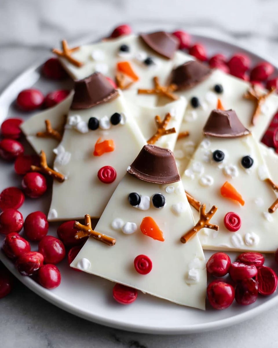 The image shows white chocolate bark spread thickly on a white plate with a smooth, creamy texture as the base layer. On top, there are multiple small snowman faces made from small candy eyes, thin orange candy pieces for noses, and three red candy buttons arranged vertically on each snowman. Each snowman has two broken pretzel sticks placed to look like arms spreading from the sides of the face, and a small chocolate candy placed upside down on top as a hat. The snowman pieces are irregularly broken into shards and scattered on a white marbled surface with additional red candies and pretzel sticks surrounding them. photo taken with an iphone --ar 4:5 --v 7