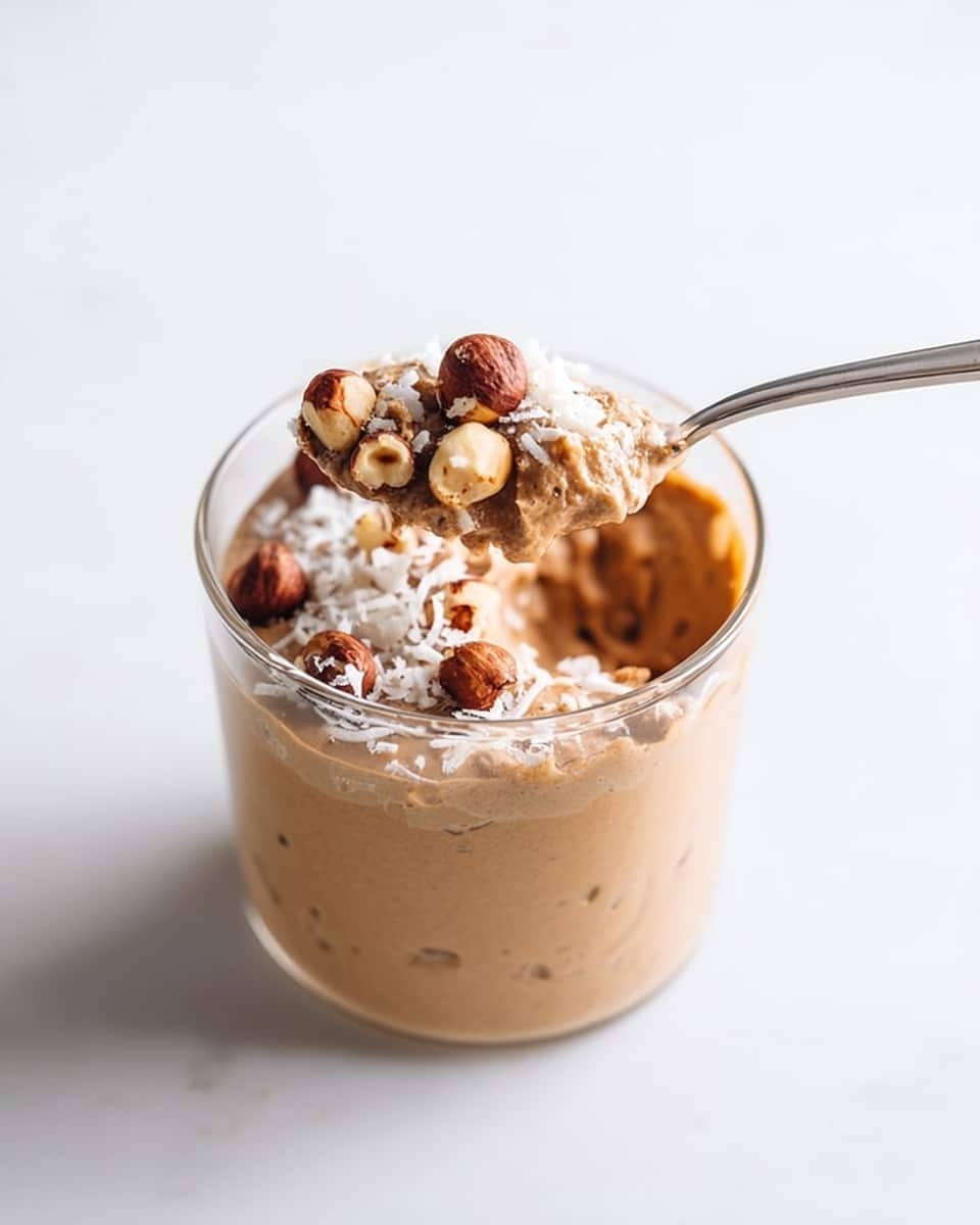 A clear glass filled with a creamy light brown mousse or pudding base. On top, there is a sprinkle of whole hazelnuts, some of which are clustered together, and a light dusting of white shredded coconut. A silver spoon is scooping into the dessert, lifting mousse along with some hazelnuts and coconut. The glass sits on a white marbled surface, with bright and soft lighting highlighting the smooth and rich texture of the dessert. Photo taken with an iphone --ar 4:5 --v 7