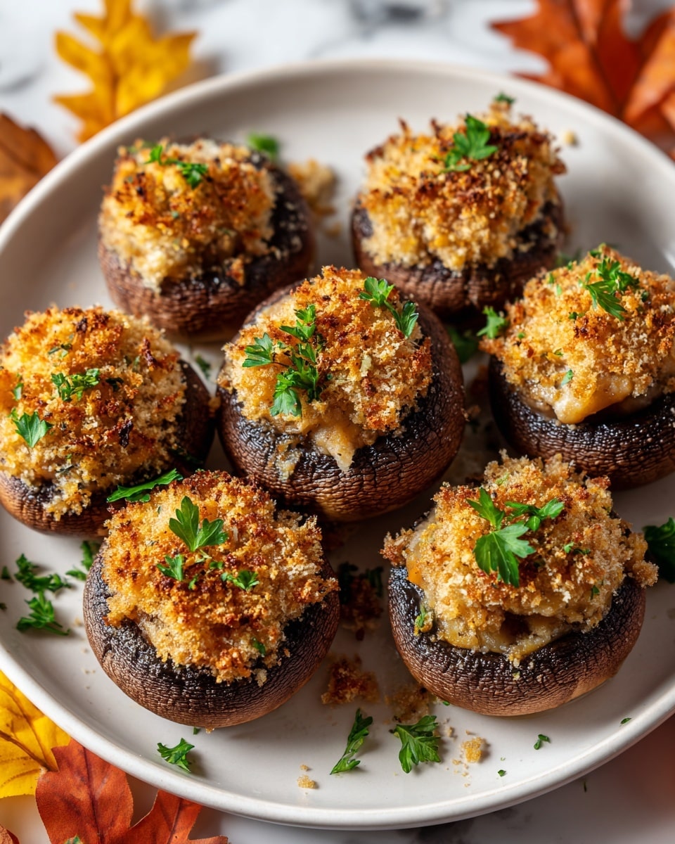 The image shows a white plate filled with seven stuffed mushrooms arranged in a close circle. Each mushroom has a dark brown outer cap with a rough texture, topped with a golden-brown crumbly stuffing layer that looks crispy and slightly toasted. The stuffing has a mix of light tan and deeper brown colors, with a few small green parsley leaves scattered over the top of each mushroom, adding a fresh color contrast. The mushrooms sit on a white marbled surface with some scattered orange and yellow autumn leaves around the plate, creating a warm and inviting fall theme. photo taken with an iphone --ar 4:5 --v 7