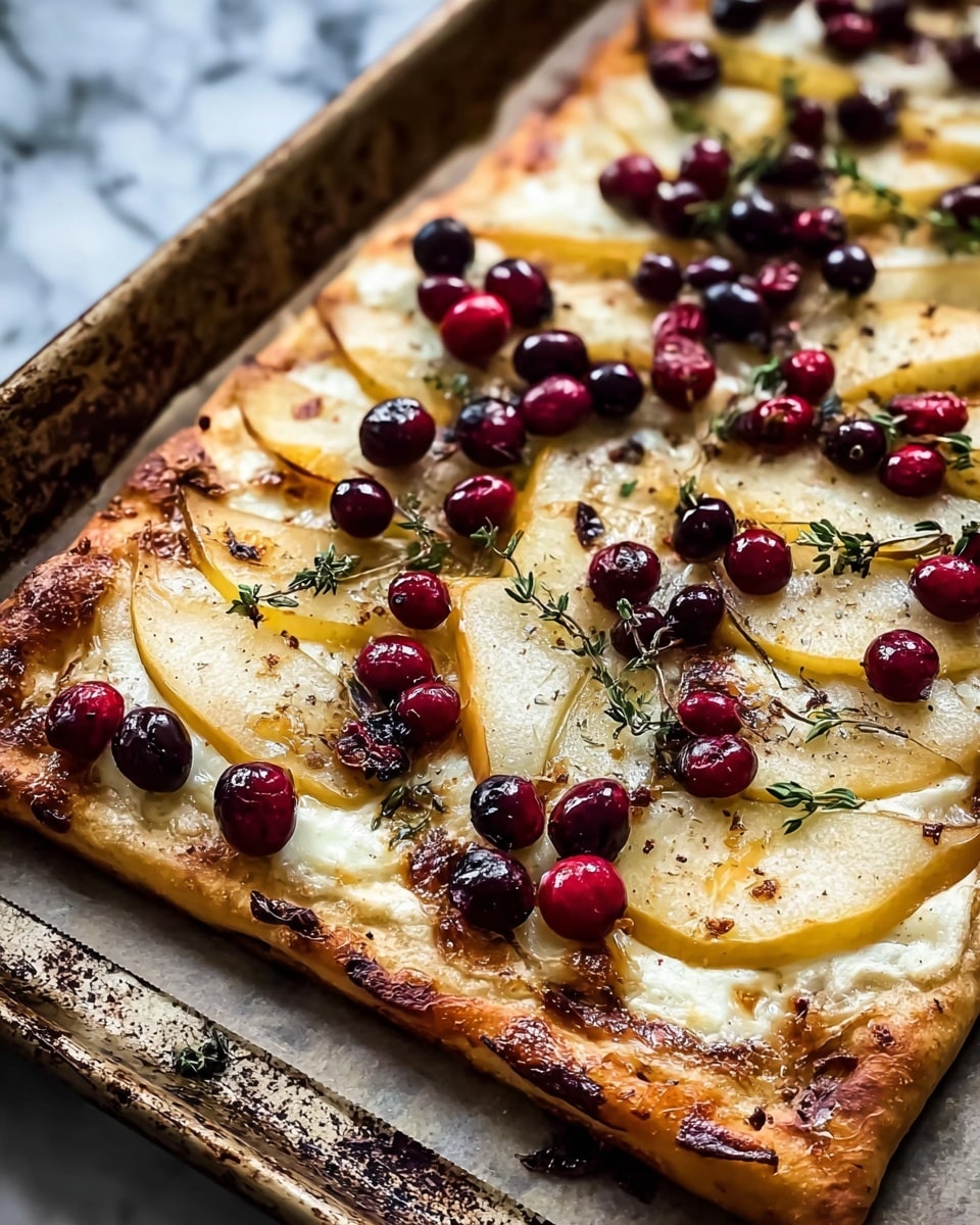 A rectangular flatbread sits on a rustic baking tray with a golden-brown crust that is slightly crispy at the edges. The first layer is melted white cheese, smooth and creamy, covering the dough evenly. On top, thin slices of pear with their light yellow skin and juicy white flesh are arranged in overlapping rows. Scattered among the pears are whole, deep red cranberries that add bright pops of color. Small sprigs of fresh green thyme rest lightly over the fruit, adding a touch of herbal texture. The edges of the flatbread show some lightly browned spots from baking. The whole scene is set on a white marbled surface. photo taken with an iphone --ar 4:5 --v 7