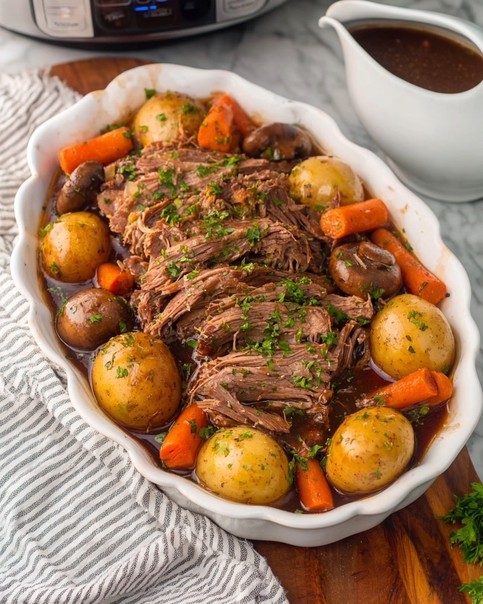 The dish is in a white scalloped oval dish, filled with three large piles of shredded brown meat on the top layer, sprinkled with chopped green herbs. Beneath the meat, the second layer shows whole baby potatoes with a light brown skin scattered around, bright orange sliced carrots, and whole brown mushrooms. The food rests in a pool of dark brown gravy that fills the bottom of the dish. The dish sits on a white marbled surface with a striped cloth nearby and a white gravy boat with more brown gravy partially visible on the side. photo taken with an iphone --ar 4:5 --v 7