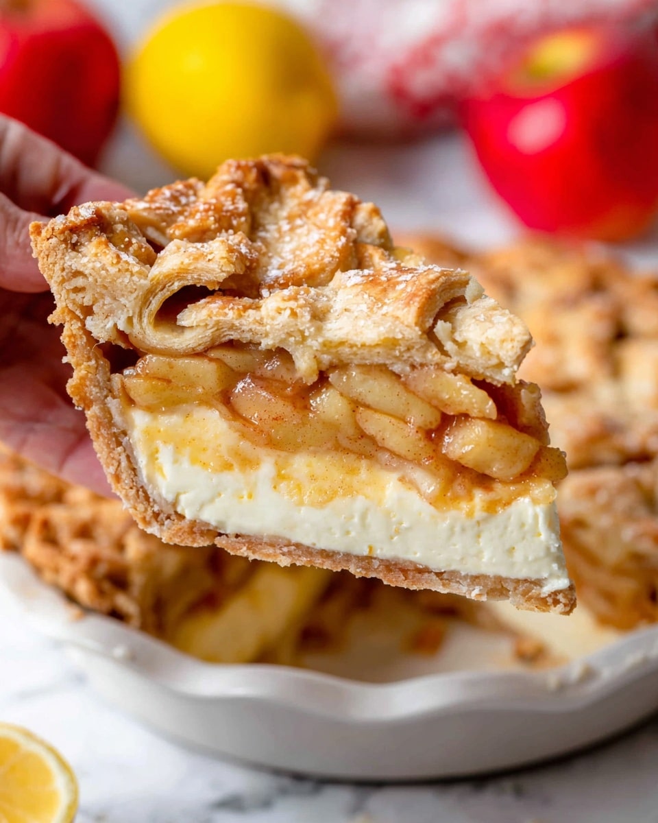 A slice of pie is held up showing three clear layers: a golden-brown lattice crust on top with a rough, crumbly texture; a middle layer of soft, chunky apple filling in light brown and yellow tones; and a bottom layer of smooth, creamy white cheesecake. The slice rests above a white pie dish with the rest of the pie inside, also showing the same three layers. The background is a white marbled texture with blurred red apples and a lemon half close by. Photo taken with an iphone --ar 4:5 --v 7