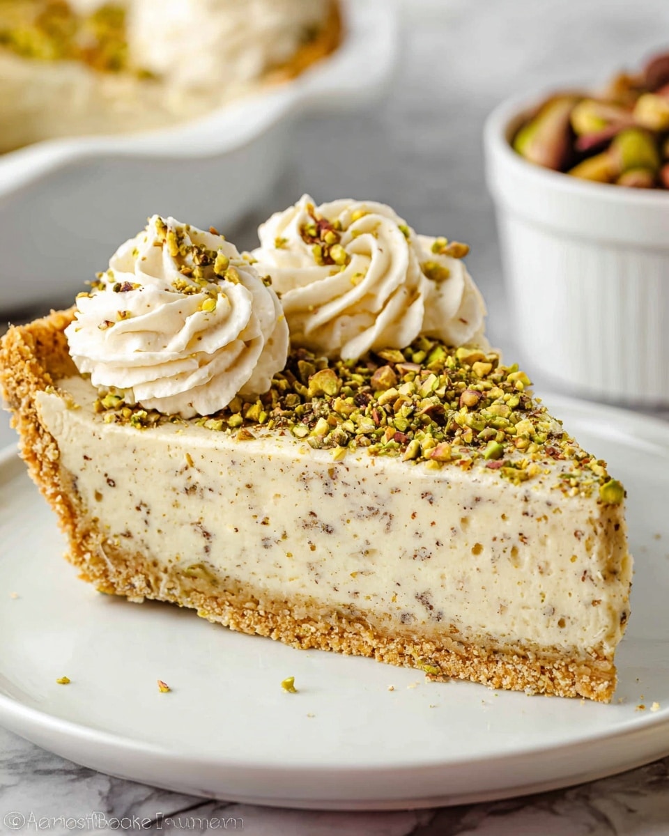 A close-up of a slice of creamy pie with a light beige filling speckled with small bits, resting in a white pie dish on a white marbled surface. The slice has a thick, crumbly golden crust at the base and sides, with finely chopped pistachios covering the top edge of the filling. On top of the pie slice, there are three swirls of white whipped cream, each sprinkled with crushed pistachios and small pistachio pieces for garnish. In the background, a white bowl filled with green and brown nuts is softly blurred. The photo taken with an iphone --ar 4:5 --v 7
