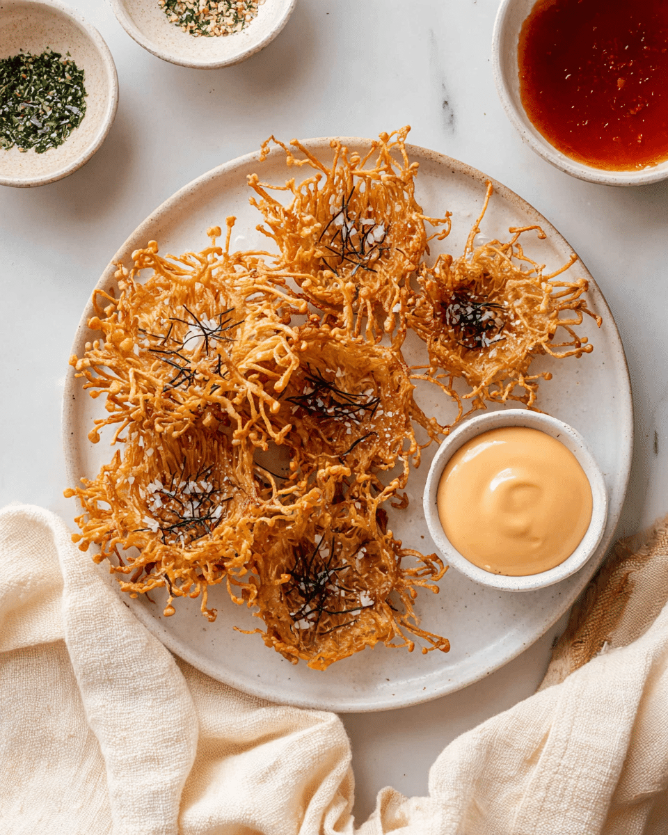 A white plate holds a stack of six crispy fried enoki mushrooms, each with a golden brown textured base and thin, crunchy, branching stems that spread outward, sprinkled with coarse sea salt and small black seaweed flakes. On the right side of the plate, a small white bowl contains creamy light orange dipping sauce. The plate sits on a white marbled surface with a light cream-colored cloth partially underneath. Nearby are two more small white bowls, one filled with a green and white seasoning mix and the other with a red chili sauce. Photo taken with an iphone --ar 4:5 --v 7