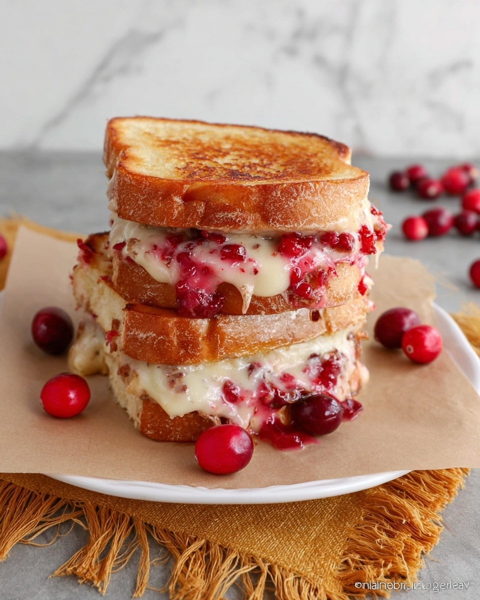 A grilled sandwich with three layers of toasted golden brown bread with a slightly crispy texture. Between the layers, there is melted white cheese oozing out, with bright red cranberry sauce spread unevenly, dripping down the sides. The sandwich is placed on a piece of parchment paper over a white plate. Around the plate, there are scattered fresh red cranberries, and a mustard-colored cloth with fringed edges is visible nearby. The background has a white marbled texture. photo taken with an iphone --ar 4:5 --v 7