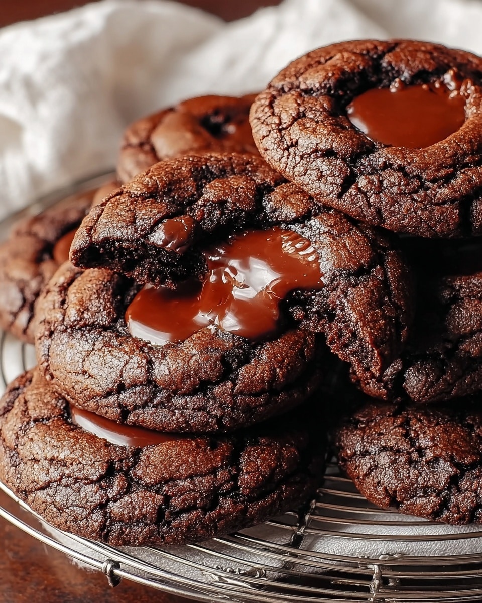 A close-up view of a stack of rich, dark chocolate cookies with a cracked surface revealing melted, glossy chocolate in the center of several cookies. The cookies have a rough, textured outer layer with deep brown and almost black tones, stacked in a round metal cooling rack lined partially with a white cloth napkin. The melted chocolate pools are shiny and smooth, contrasting with the rugged cookie edges. The background underneath the rack is a white marbled texture. photo taken with an iphone --ar 4:5 --v 7