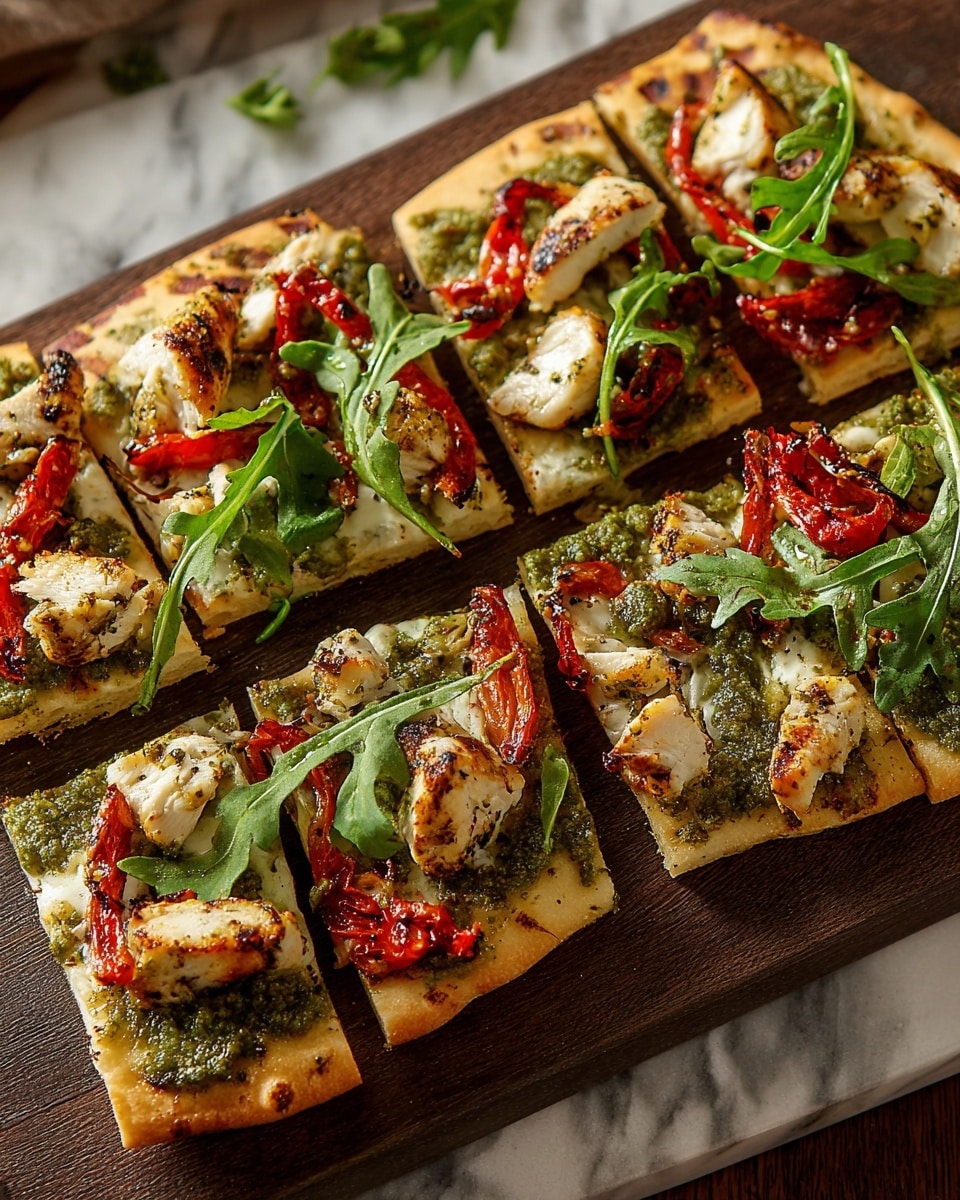 The image shows a rectangular flatbread pizza on a wooden board, cut into four long pieces. The base is covered with a thin layer of green sauce, topped with strips of grilled chicken that have a light brown color with some grill marks. There are sliced red cherry tomatoes scattered on top along with fresh green arugula leaves. The wooden board sits on a white marbled surface. photo taken with an iphone --ar 4:5 --v 7