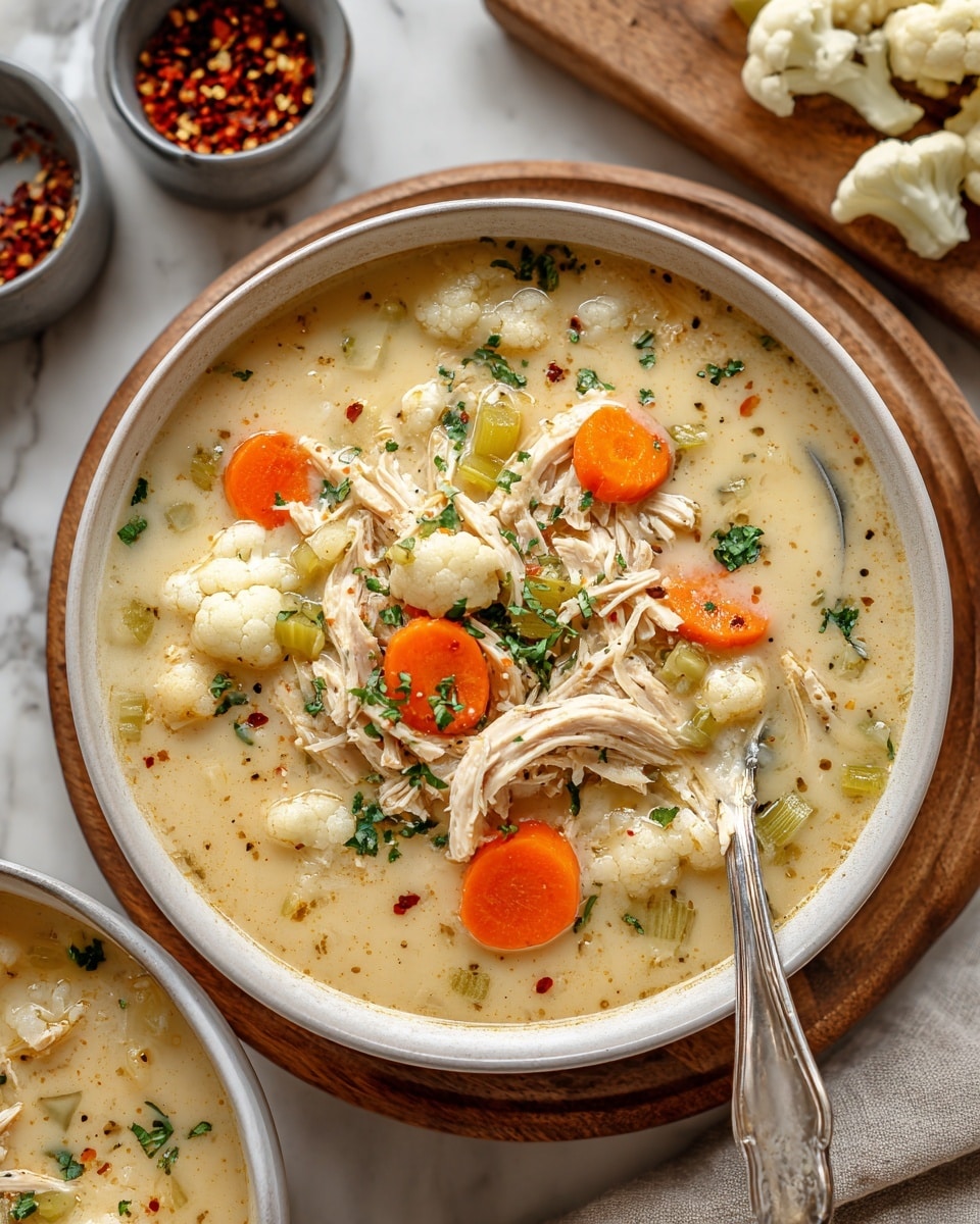 A white bowl on a white marbled surface holds a creamy soup with a light beige broth filled with three main layers: the first layer is shredded chicken pieces, tender and light beige in color; the second layer has small cauliflower florets with a soft texture and creamy white color; the third layer features sliced bright orange carrots and small bits of celery with green parsley leaves scattered on top, adding green color and freshness. The chicken, vegetables, and herbs are mixed evenly throughout the broth. A silver spoon rests inside the bowl on the right side, and the bowl is placed on a round wooden board. Next to it on the surface is a small gray container of red chili flakes and some raw cauliflower florets on a wooden board in the background. Photo taken with an iphone --ar 4:5 --v 7
