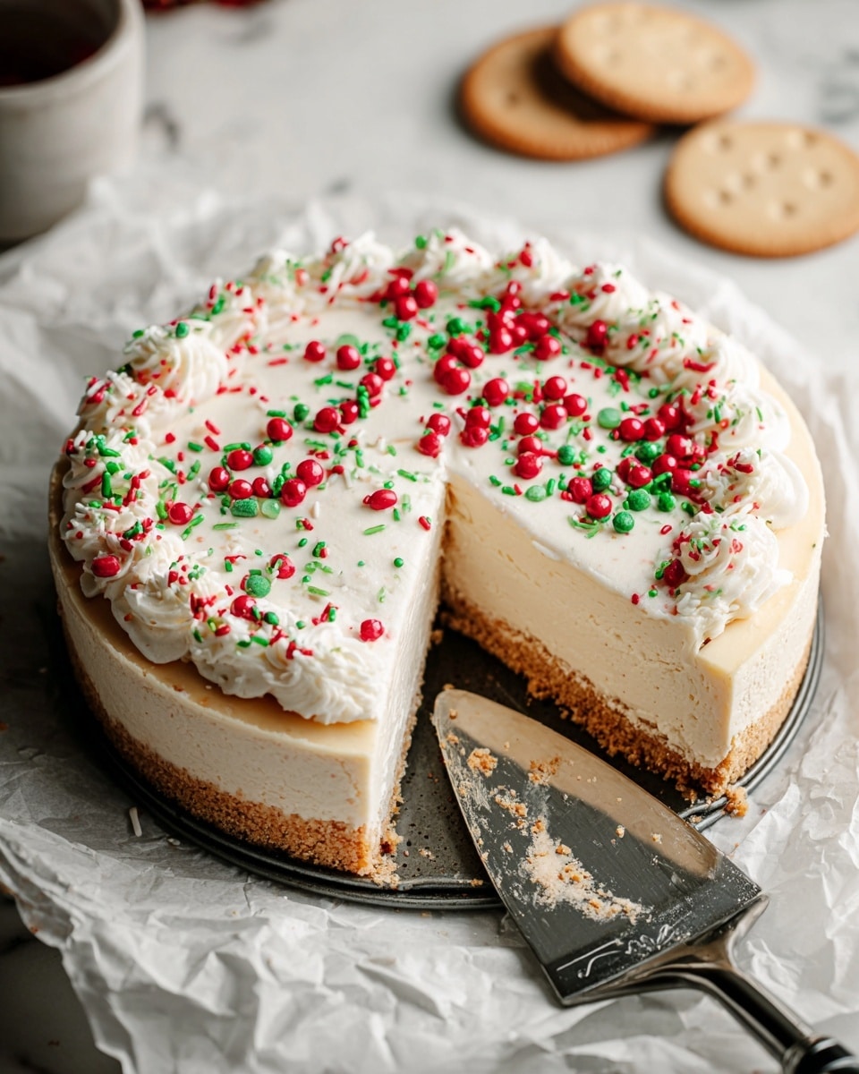A round cheesecake with three visible layers sits on white crumpled paper. The bottom layer is a golden brown crumb crust. The middle layer is thick and creamy in an off-white color, with a smooth texture. The top layer is a slightly whipped, smooth off-white cream border, decorated with small bright red and green candy sprinkles scattered over the entire surface, with some dusted white powder. One large slice is cut out and a silver spatula is stuck under this piece, resting on the pan. The background shows a white marbled texture and two beige cookies near the top right side. Photo taken with an iphone --ar 4:5 --v 7