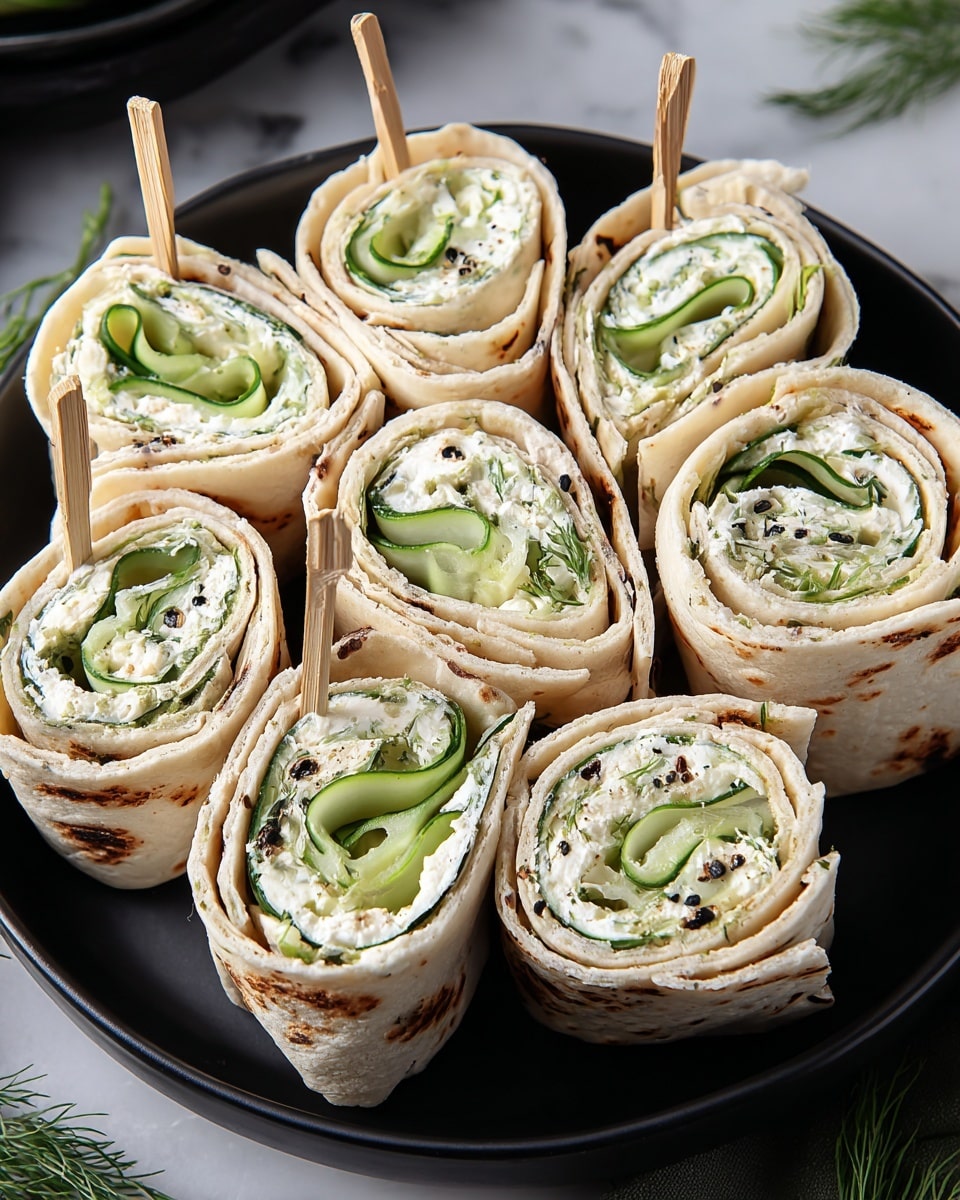 The dish shows a black round plate filled with ten rolled wraps, each cut into thick slices and arranged upright closely together. Each wrap has three visible layers: a light brown flatbread exterior with subtle darker toasted spots, a bright green cucumber skin layer just inside the bread, and a creamy white cheese layer mixed with small green herbs and black pepper flakes inside. Thin slices of cucumber are also visible inside the rolls beside the cheese, adding fresh texture. Wooden sticks pierce through some of the rolls to keep them together. The plate sits on a white marbled surface with some green dill sprigs partly visible in the background. photo taken with an iphone --ar 4:5 --v 7