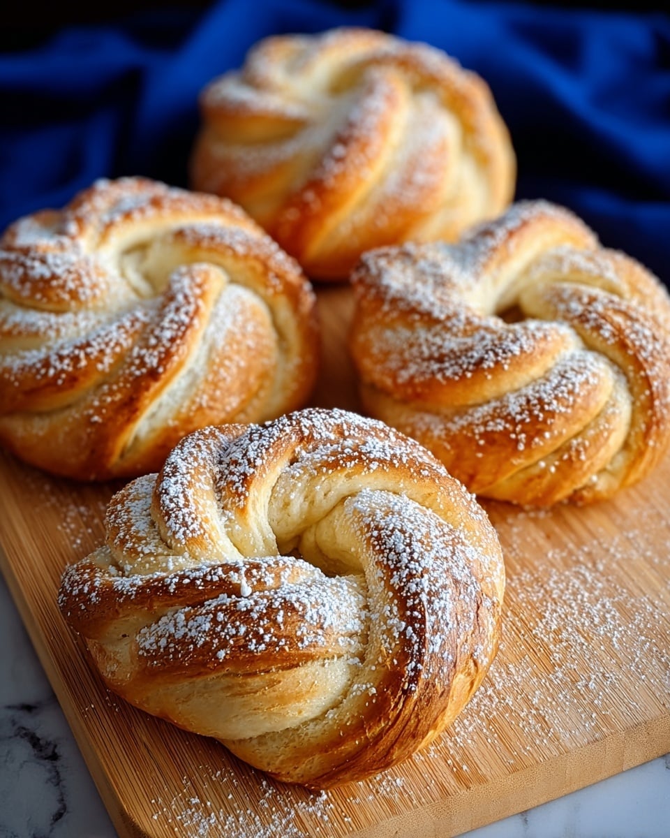 The image shows four golden brown twisted bread rolls on a light wooden board. Each roll has a soft, flaky texture with visible layers of dough twisted into a circular shape with a hole in the middle. The tops and sides of the rolls are sprinkled with powdered sugar, which also dusts the surface of the wooden board. The background features a deep blue cloth, and the scene is set on a white marbled texture. photo taken with an iphone --ar 4:5 --v 7