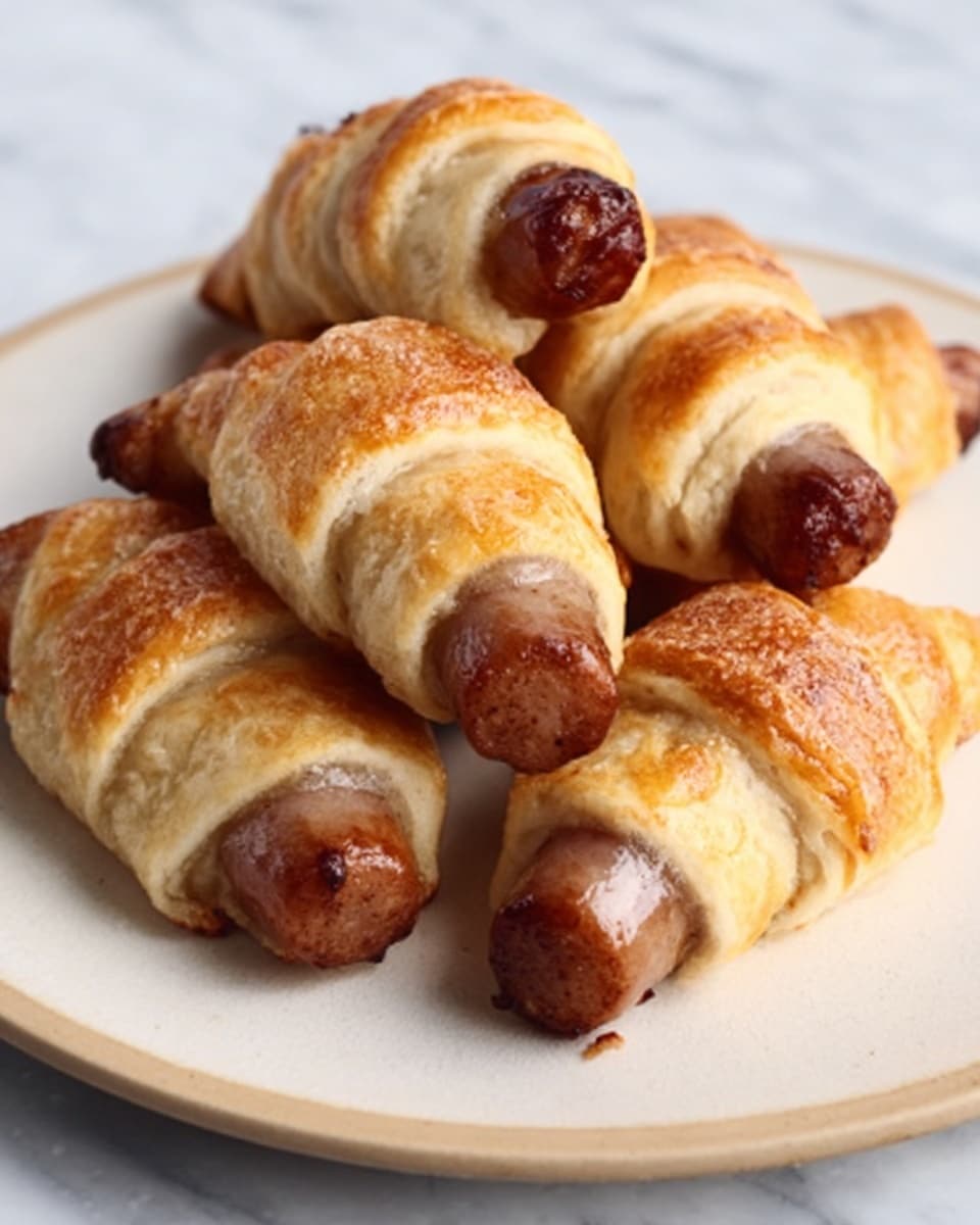 The image shows a white ceramic plate holding five small crescent roll sausages. Each roll is golden brown with a slightly shiny, baked crust, wrapped around a brown cooked sausage, with the ends of the sausages sticking out. The texture of the rolls is flaky and layered, with some slight browning on top. The plate rests on a white marbled surface. Photo taken with an iphone --ar 4:5 --v 7