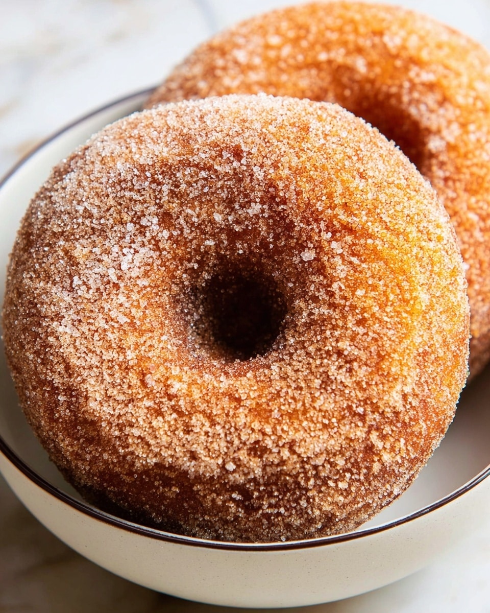 Two sugar-coated cinnamon donuts are placed tightly in a white bowl with a thin dark rim. The donuts have a rough texture from the sugar crystals all over their golden-brown surface, with one donut mostly visible at the front showing its round shape and central hole, and the other partially seen behind it. They rest on a white marbled texture surface beneath the bowl. Photo taken with an iphone --ar 4:5 --v 7