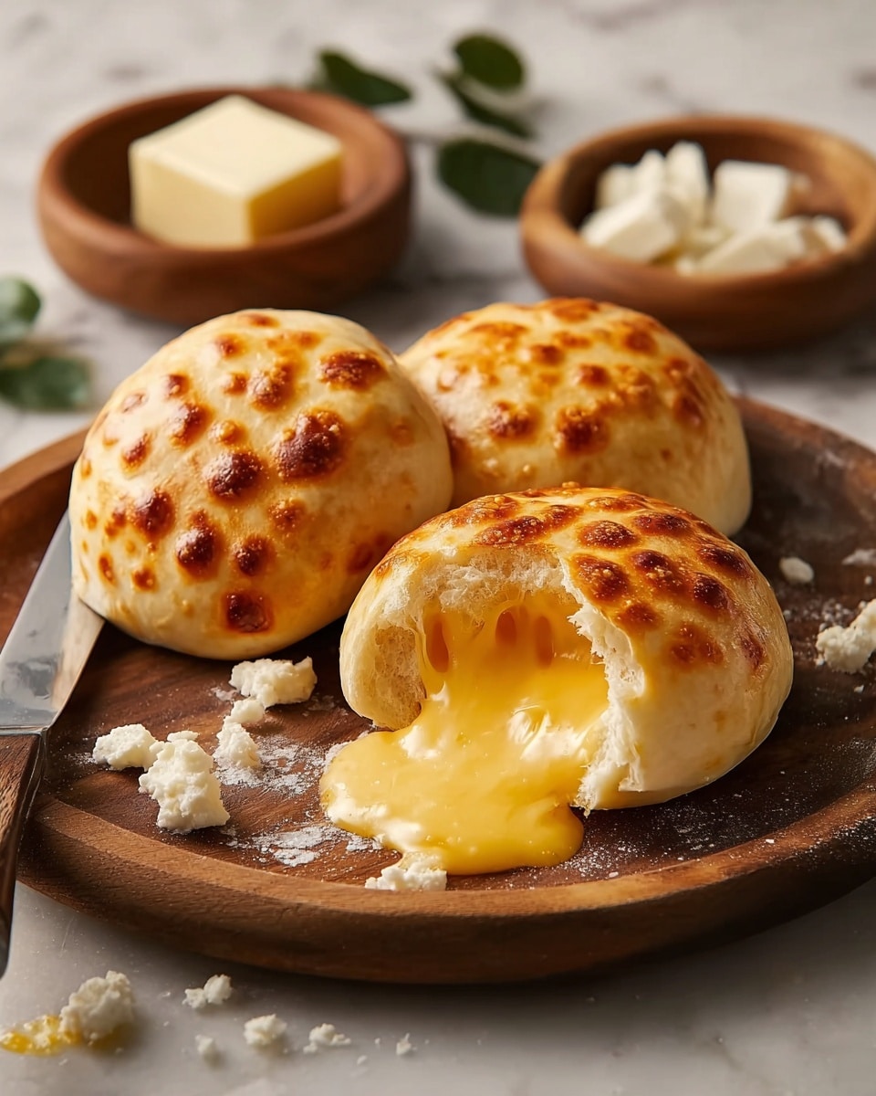 Three round bread buns with a bubbly, golden-brown toasted top, sitting on a wooden plate. One bun is broken open in the front, showing melted yellow cheese flowing out in a smooth, creamy texture. There are white crumbs scattered on the plate and a knife with a silver blade and wooden handle behind the buns. In the background, small wooden bowls contain a square piece of butter and some white cheese, with some green leaves around the scene. The surface under the plate is a white marbled texture. Photo taken with an iphone --ar 4:5 --v 7