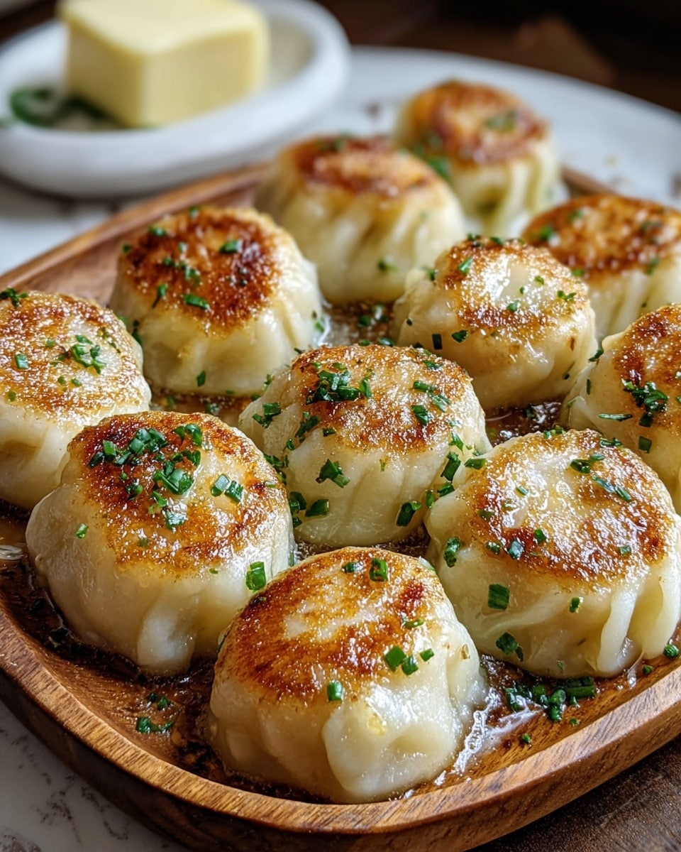 The image shows multiple round, golden-brown baked dumplings arranged closely together in a wooden tray. Each dumpling has a soft, creamy beige outer layer with a slightly crispy top browned by baking. There is melted butter pooled on top of many dumplings, adding a shiny glaze. The dumplings are garnished with small green chopped herbs scattered evenly over and between them, and some crumbs of light toasted texture on the tops. The whole dish sits on a visible wooden surface. Photo taken with an iphone --ar 4:5 --v 7