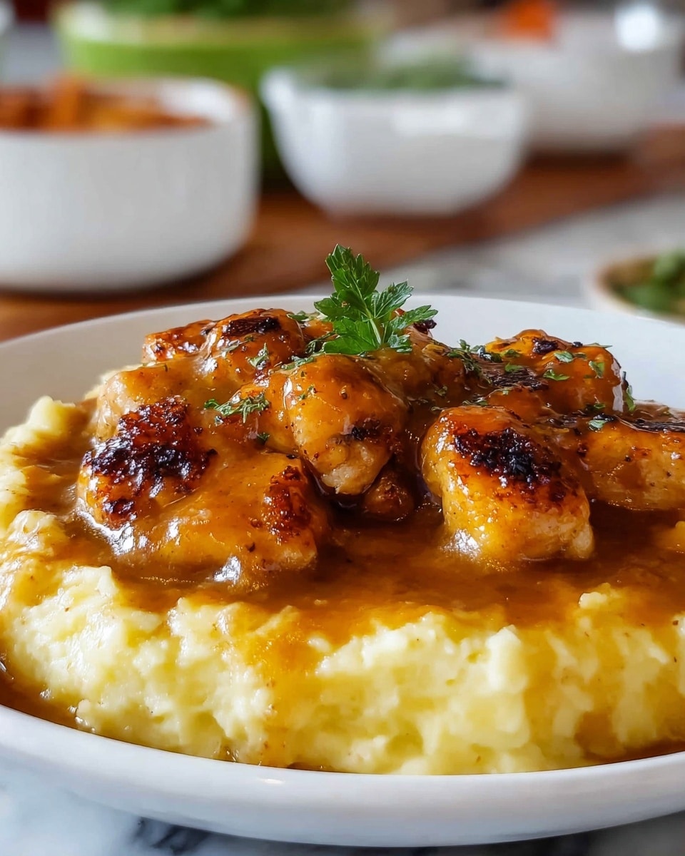 A white plate holds two layers: the bottom layer is smooth and creamy mashed potatoes with a light yellow color, and the top layer consists of golden brown browned chicken pieces coated with a shiny, rich brown gravy. The chicken pieces have a slightly crispy texture with small charred spots. At the center, a small sprig of green parsley adds a fresh pop of color. The plate sits on a white marbled surface with blurred white and green bowls in the background, making the dish the clear focus. photo taken with an iphone --ar 4:5 --v 7