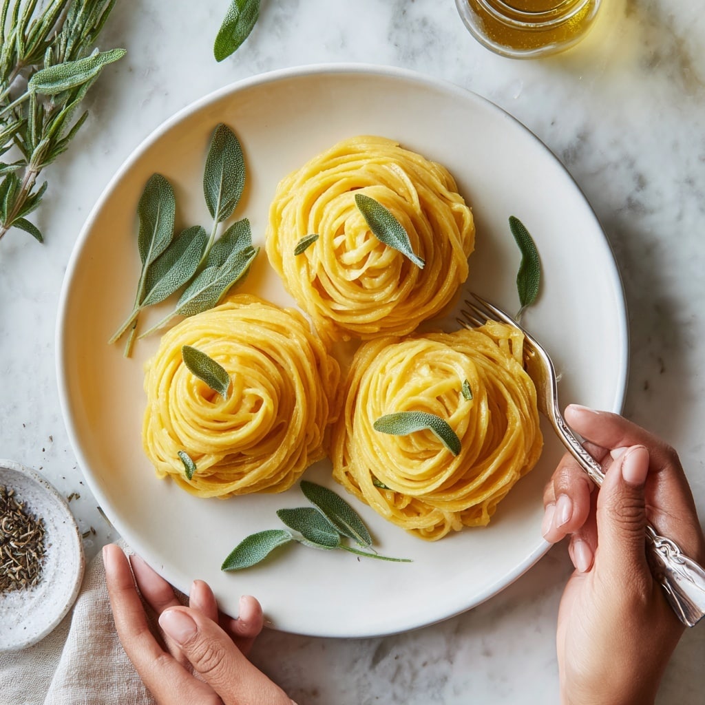 A white plate holds a generous serving of yellow pasta noodles twisted into three loose piles, each coated in a glossy sauce with visible specks of black pepper. Fresh green sage leaves are scattered on top and around the pasta, adding a touch of green contrast. To the side, there are two silver forks resting on the plate, one partially inserted into the pasta. Around the plate lies a small wooden bowl filled with brown powder, a tiny white dish with coarse salt, and a clear textured glass candle holder with a lit candle inside. Fresh sage and rosemary sprigs are placed on a white marbled textured surface under a white cloth. photo taken with an iphone --ar 4:5 --v 7