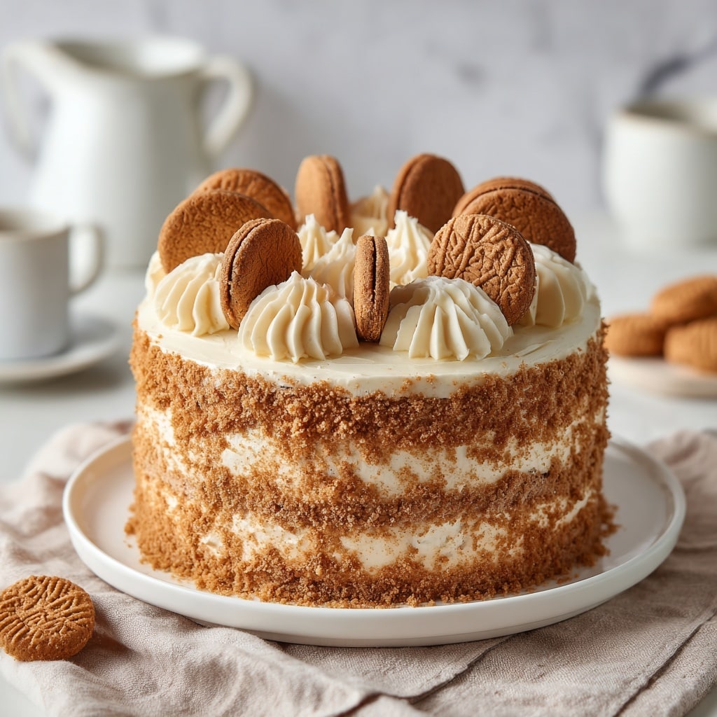 The image shows four slices of a light brown, three-layer cake with white cream filling between the layers. The cake has a soft and moist texture, with the cream slightly unevenly spread. One slice is decorated with a whole pale yellow cookie on top, placed on a white scalloped plate. There are two gold forks placed near the cake slices, one resting on a white scalloped plate with crumbs around, and another next to a slice with a cookie. The background is a white marbled surface scattered with cookie crumbs and whole pale yellow cookies, with a clear glass of milk nearby. Photo taken with an iphone --ar 4:5 --v 7