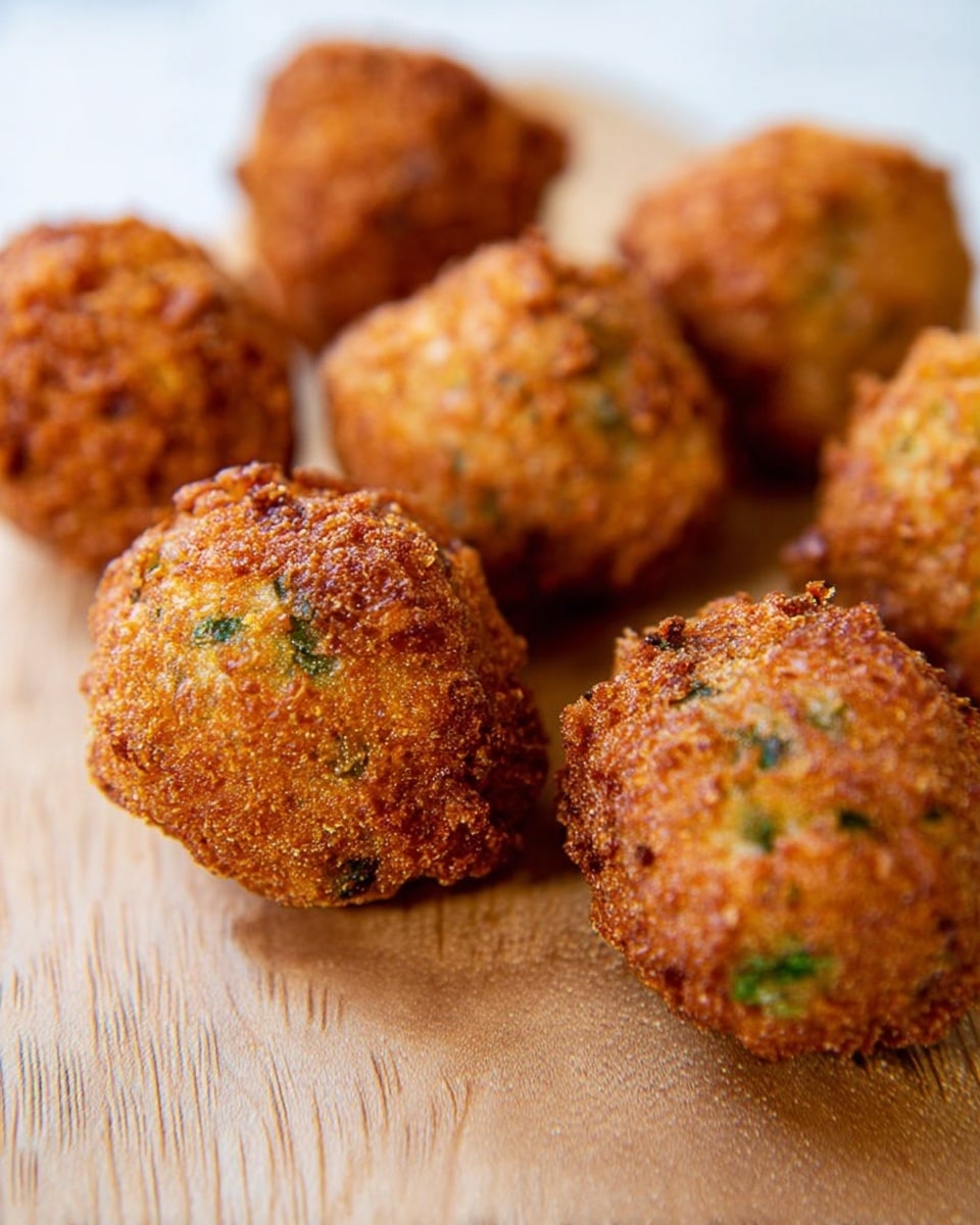 The image shows several golden-brown, round fried balls with a rough and crispy texture, placed closely together on a light wooden surface. The balls have small green flecks, indicating herbs or vegetables inside, and a crunchy outer layer that catches the light with a slight oily shine. They look evenly cooked with a crunchy crust that covers the smooth round shape of each piece. The background consists of a clean, white marbled texture, keeping focus on the food. photo taken with an iphone --ar 4:5 --v 7