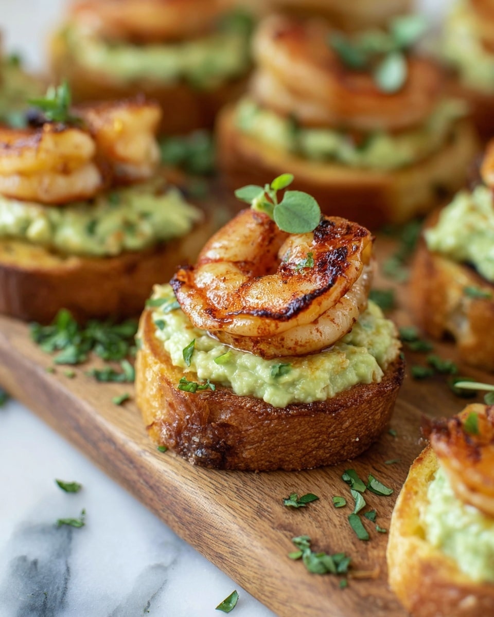 The image shows several small open-faced toasts, each with three main layers. The base layer is a thick slice of toasted bread with a golden-brown color and a slightly crispy texture. On top of the bread is a creamy, light green spread that looks smooth and slightly chunky, likely avocado-based. The top layer features a large, cooked shrimp with a reddish-orange charred color and a firm texture, placed right in the center. Some toasts have small green herb leaves as garnish, adding a fresh contrast to the warm colors. The toasts are placed on a wooden board with scattered green herbs around them on a white marbled surface. The photo taken with an iphone --ar 4:5 --v 7