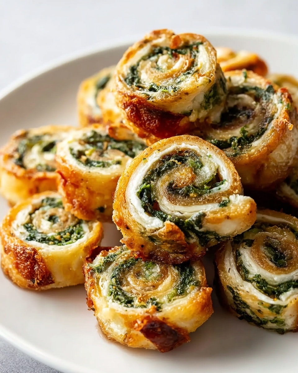 A pile of small spiral roll slices stacked on a white plate shows three layers: the outer layer is golden brown and crispy, the middle layer is white and soft, and the inner layer is green with bits of leafy vegetables. Each roll has a tight spiral pattern, with slightly browned, crunchy edges and a soft texture inside. The white marbled surface underneath the plate is clean and bright, highlighting the warm colors of the rolls. photo taken with an iphone --ar 4:5 --v 7